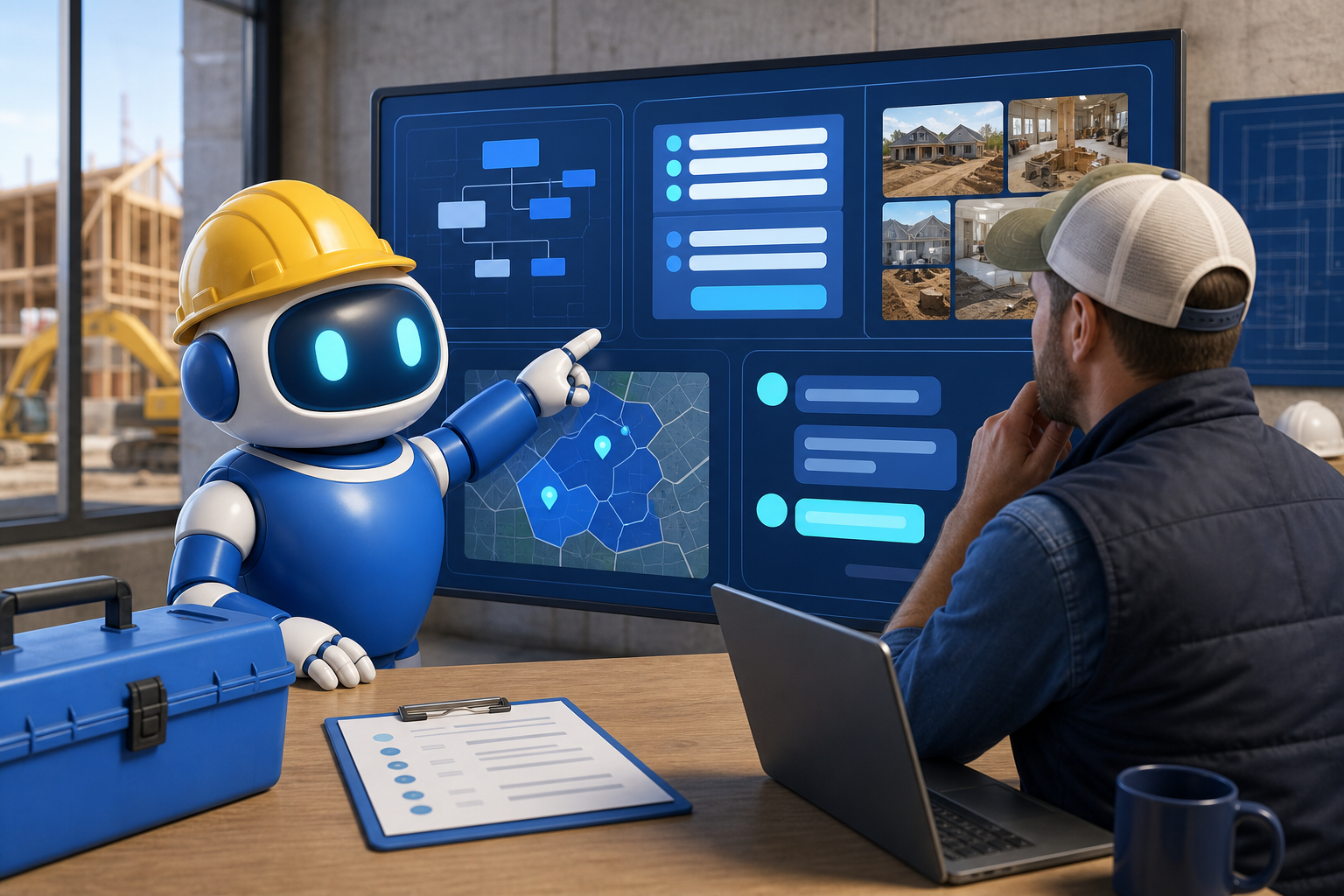 GangBoxAI robot mascot helping a contractor owner review a GEO Smith style visibility board for agent ready service pages, forms, proof, and local signals