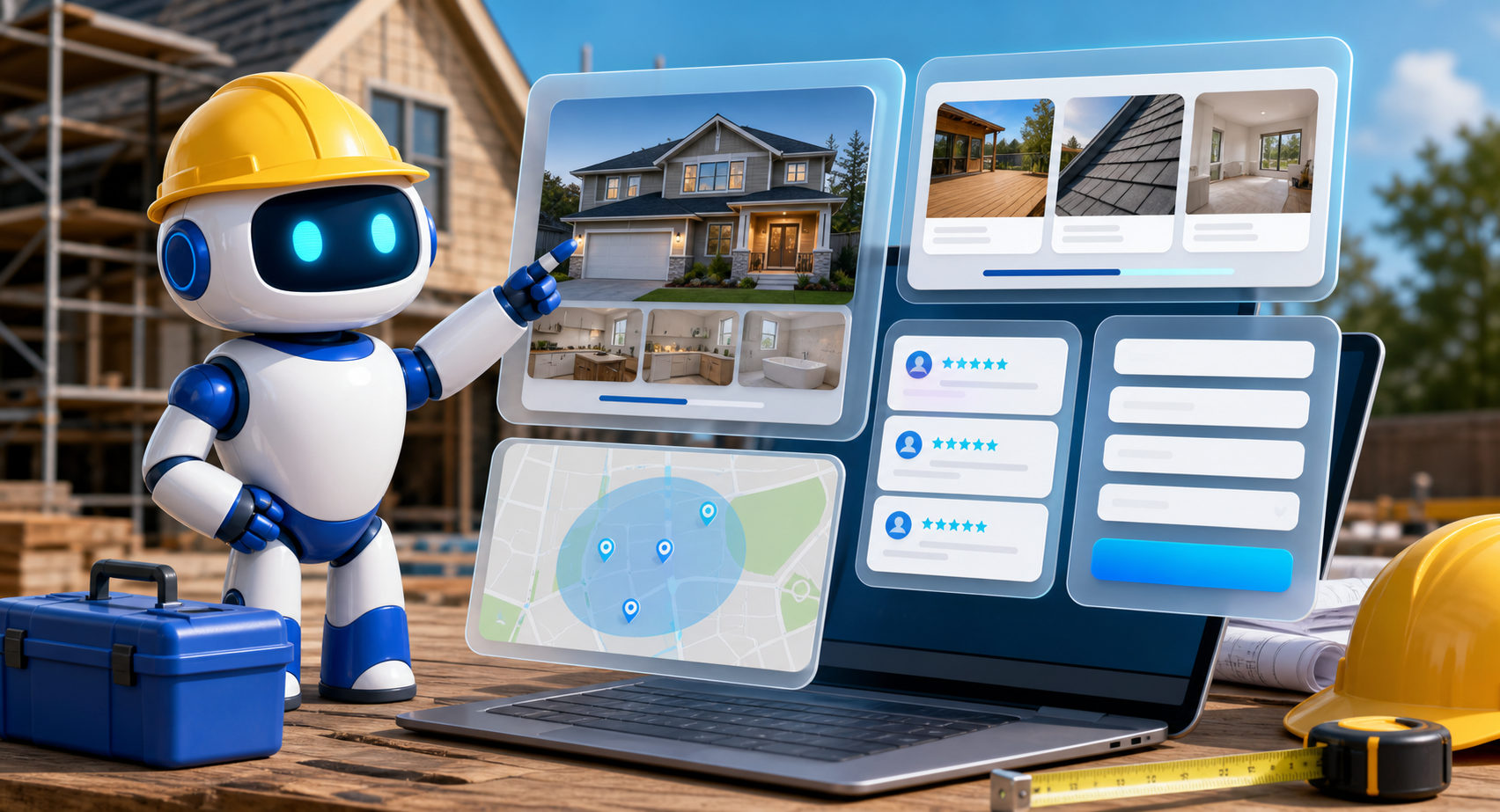 GangBoxAI robot mascot helping a contractor review an agent ready website with service pages, job photos, reviews, map proof, and a contact form