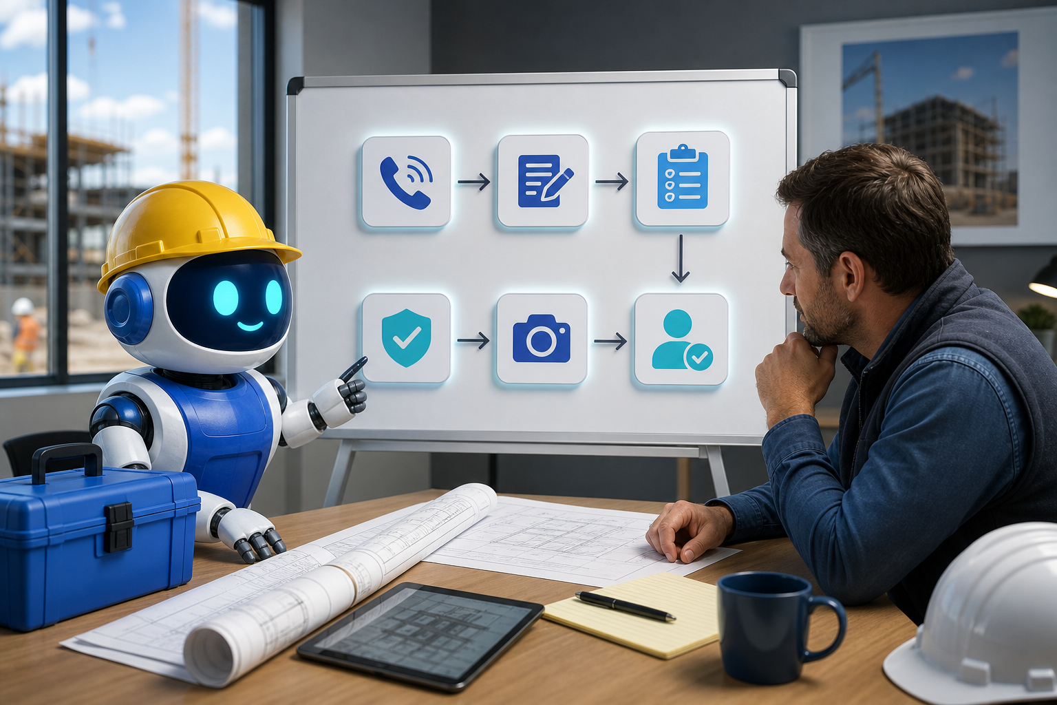 GangBoxAI robot mascot helping a contractor owner review a human approved AI workflow board for calls, estimates, field notes, safety, photos, and follow up