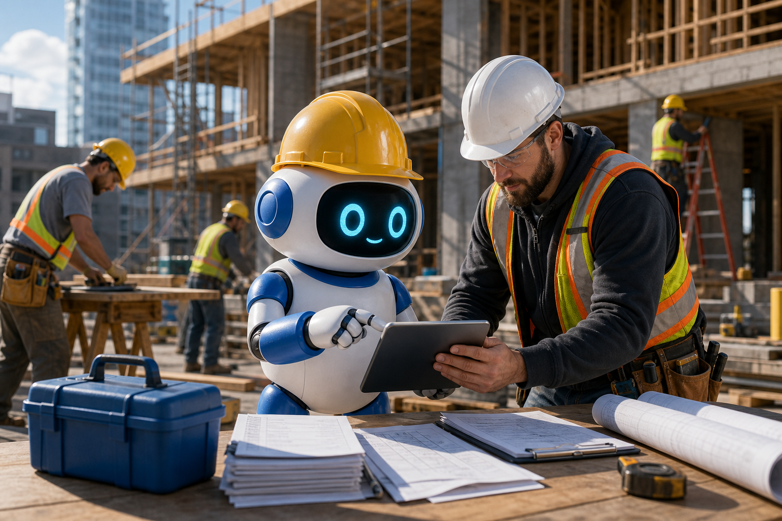 GangBoxAI robot mascot helping a construction worker review field notes and paperwork on a job site while the crew keeps working