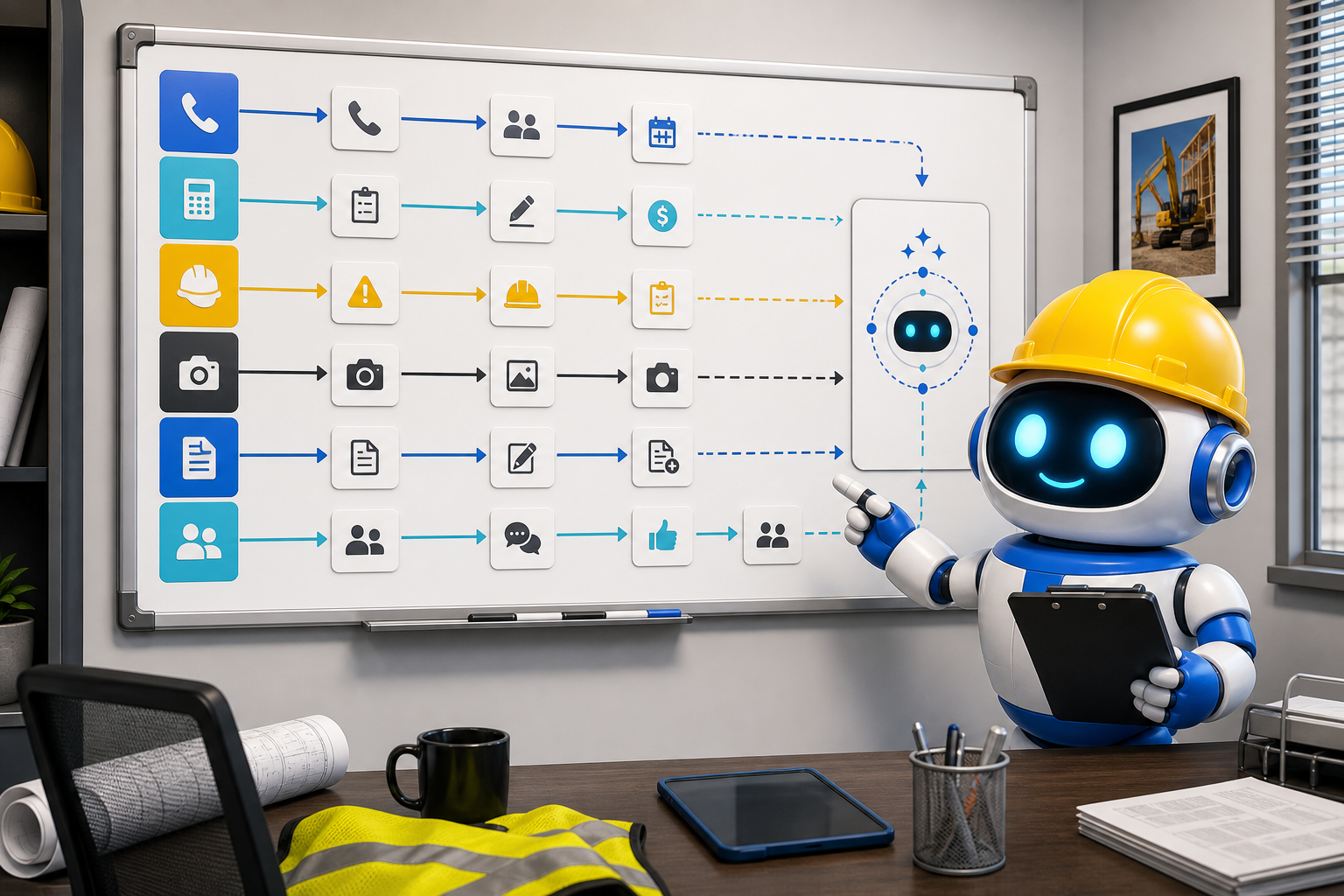 GangBoxAI robot mascot pointing at a contractor workflow diagnostic board with calls, estimates, safety, field photos, change orders, and customer follow up shown as abstract icons