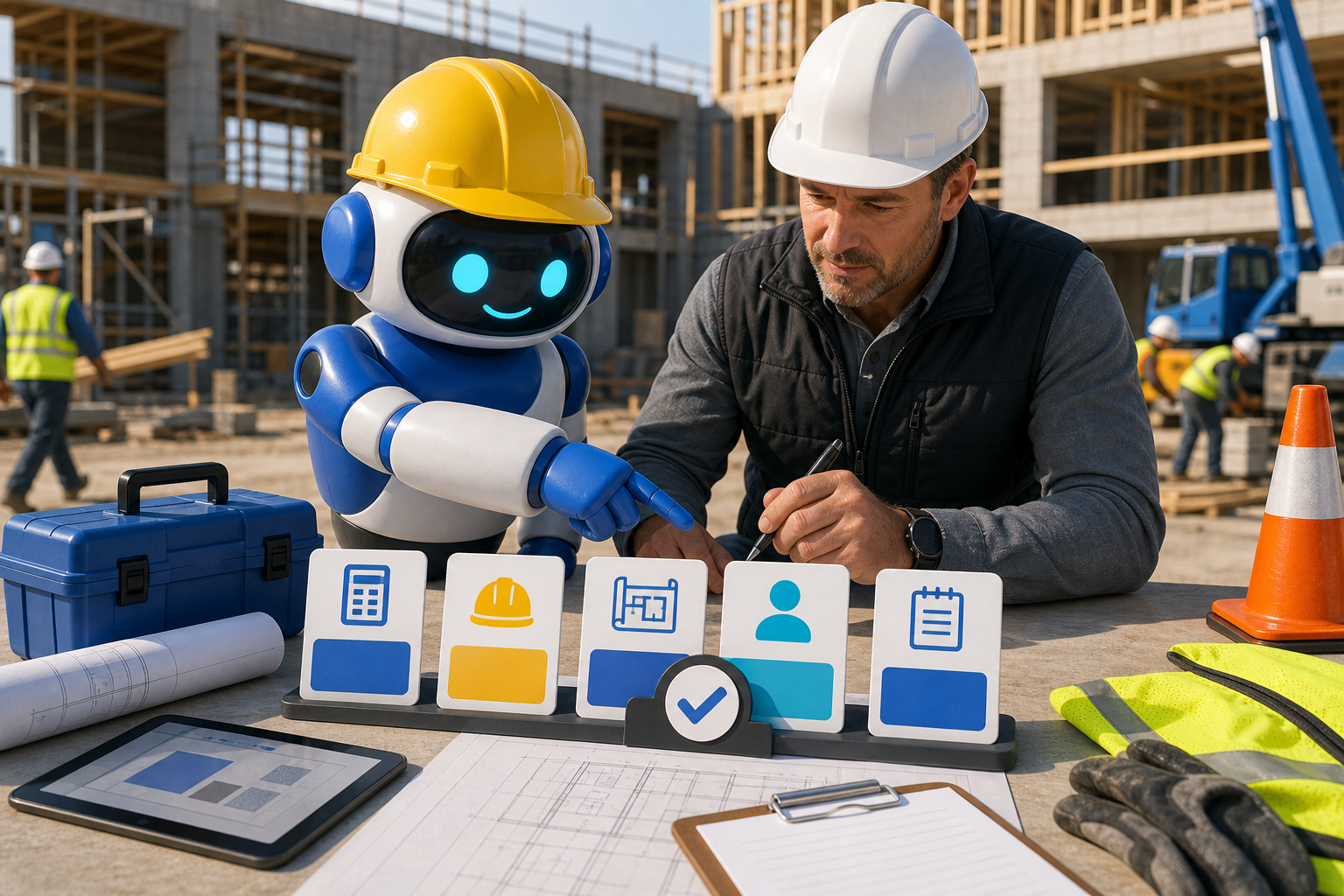 GangBoxAI robot mascot helping a contractor owner review human approval checkpoints for estimates, safety, scope, customer messages, and field notes at a construction job site