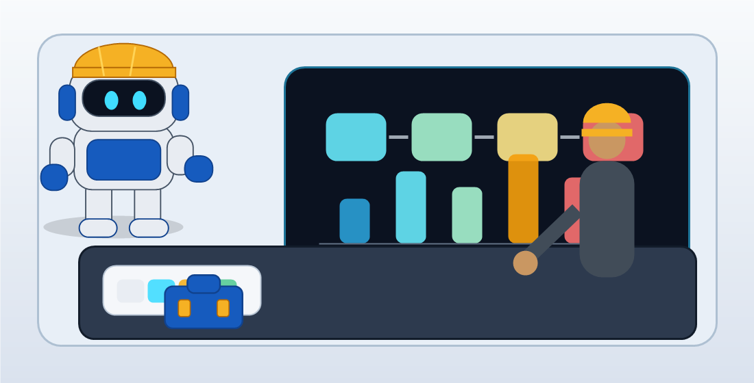 GangBoxAI robot mascot helping a contractor operations manager review a blank AI workflow board with approval tokens and job folders