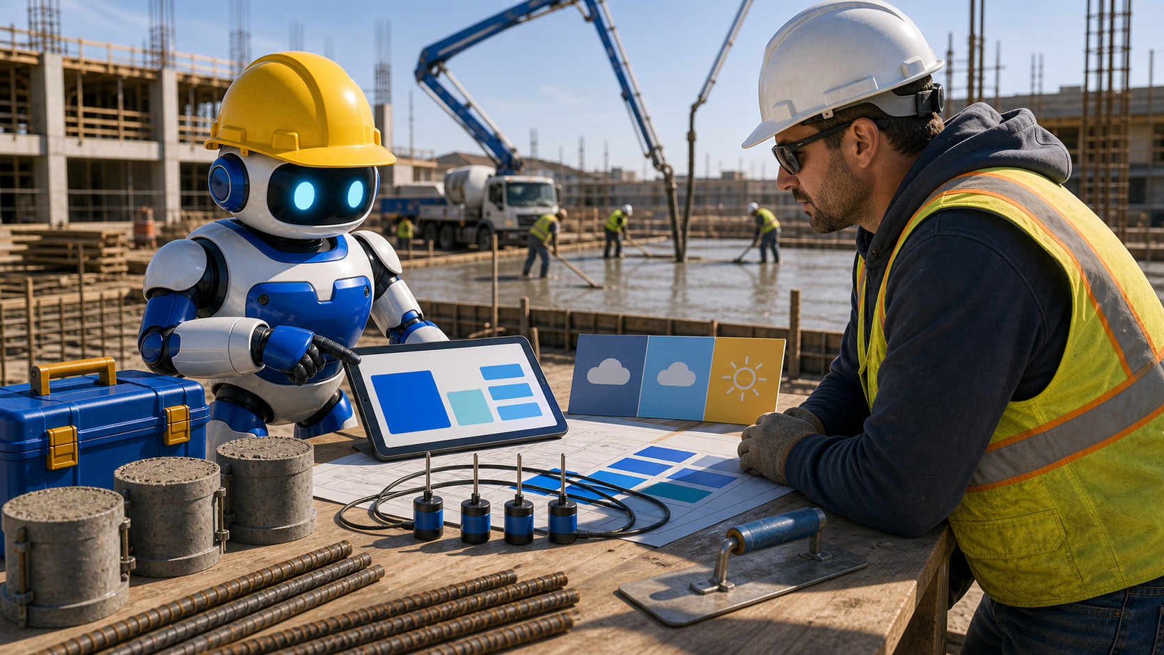 GangBoxAI robot mascot and a concrete contractor reviewing a diagnostic workflow with maturity sensors, cylinder molds, weather cards, rebar, a tablet, and an active concrete pour
