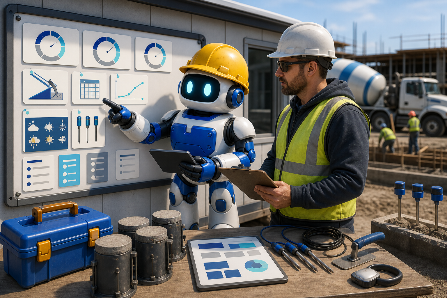 GangBoxAI robot mascot helping a concrete contractor review maturity sensors, weather cards, cylinder test molds, rebar, pour notes, and a tablet beside an active concrete pour