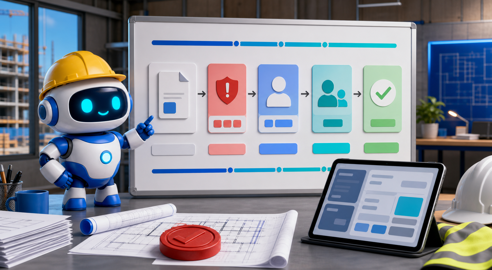 GangBoxAI robot mascot pointing at a contractor contract review workflow board with document intake, risk flag, human review, and final approval shown as abstract shapes