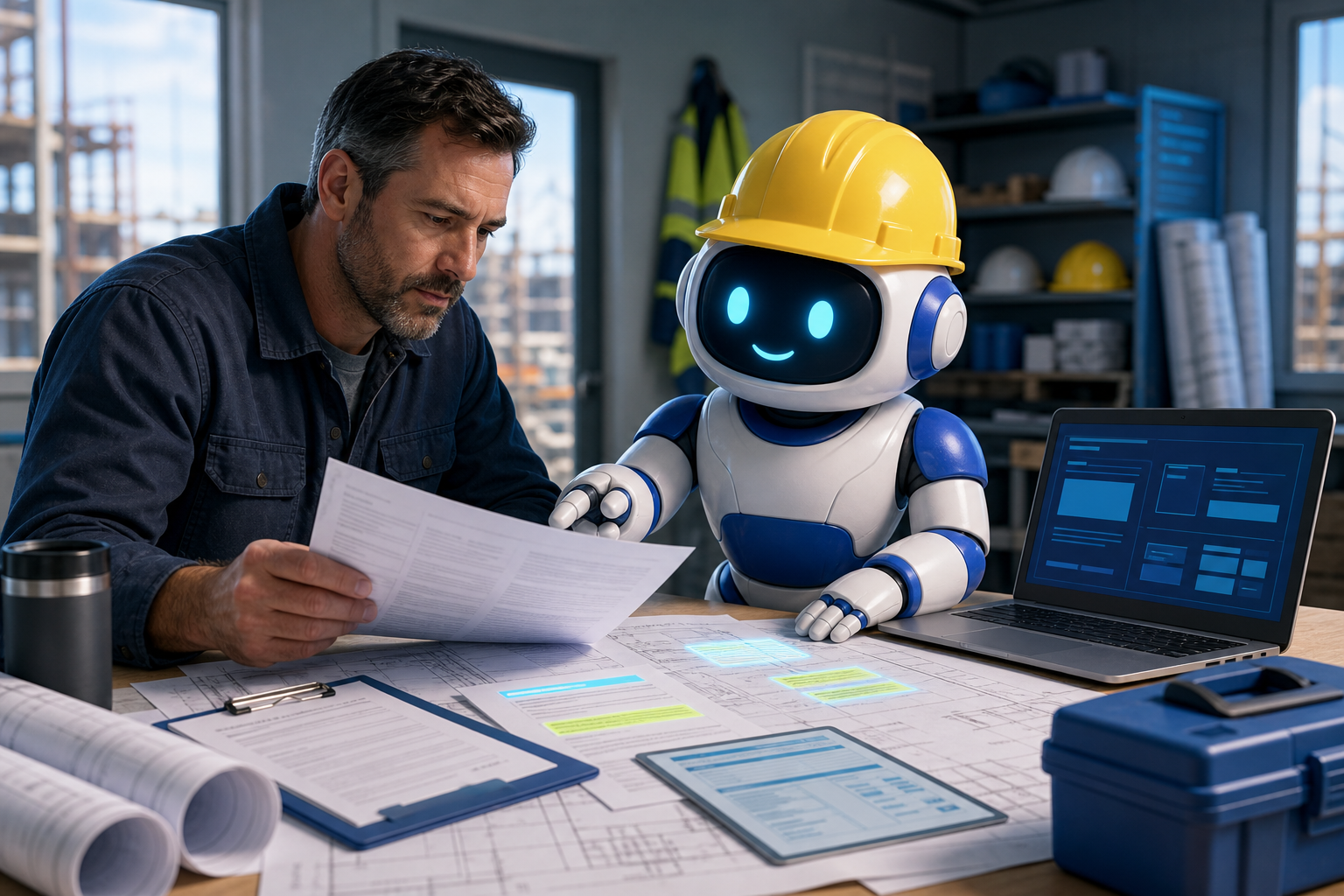 GangBoxAI robot mascot helping a contractor owner review construction contract pages, plan sheets, insurance proof, and risk notes before signing
