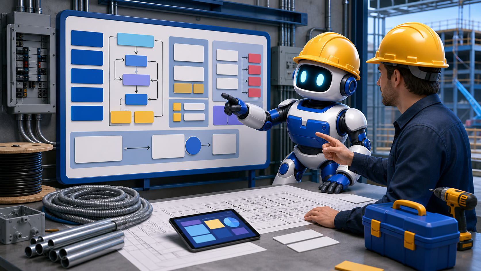 GangBoxAI robot mascot and an electrical contractor reviewing a diagnostic workflow board with blank cards, conduit, wire reels, panel equipment, plans, and a tablet
