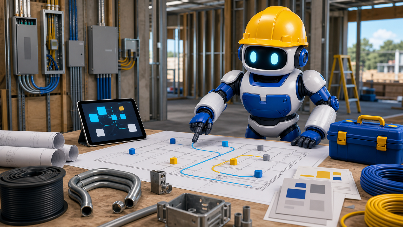 GangBoxAI robot mascot helping an electrical contractor review plan routing, material counts, conduit, wire reels, panel equipment, and a tablet on a jobsite planning table