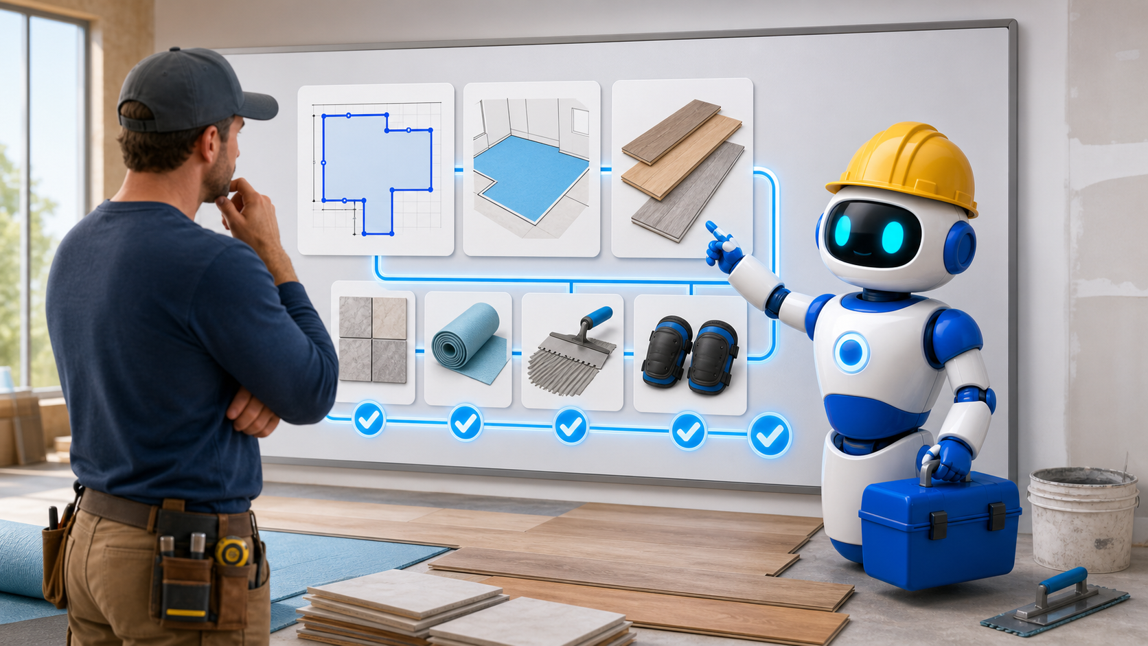 GangBoxAI robot mascot and a flooring contractor reviewing an AI workflow with plank flooring, tile samples, underlayment, room measurement shapes, tool cards, and abstract approval checkpoints