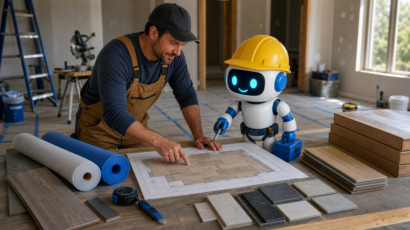 GangBoxAI robot mascot helping a flooring contractor review plank layout, room measurements, tile samples, underlayment rolls, material boxes, and a tablet on a jobsite planning table