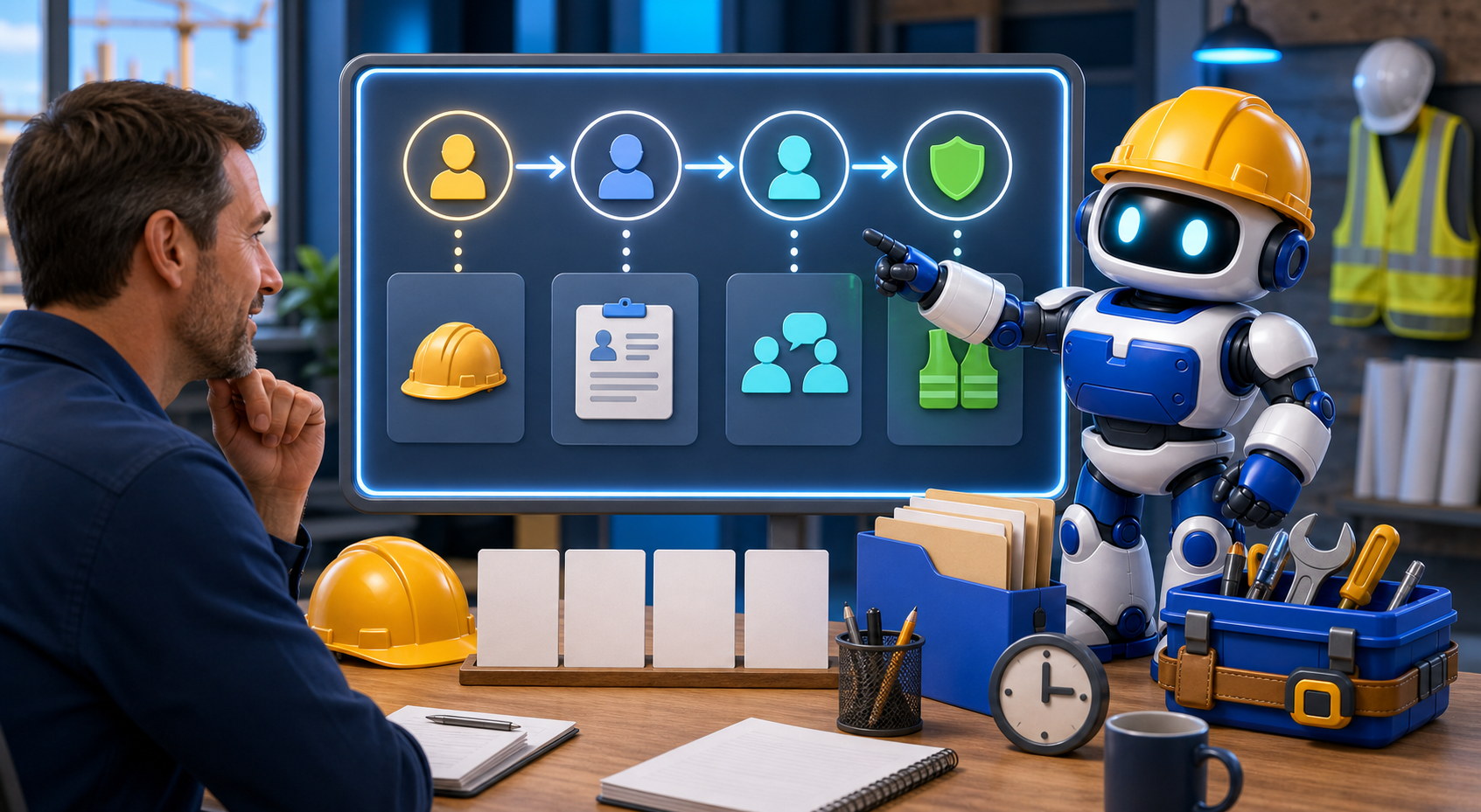 GangBoxAI robot mascot showing a contractor owner an abstract hiring workflow diagnostic board with job need, applicant basics, human interview, and safe start represented by icons