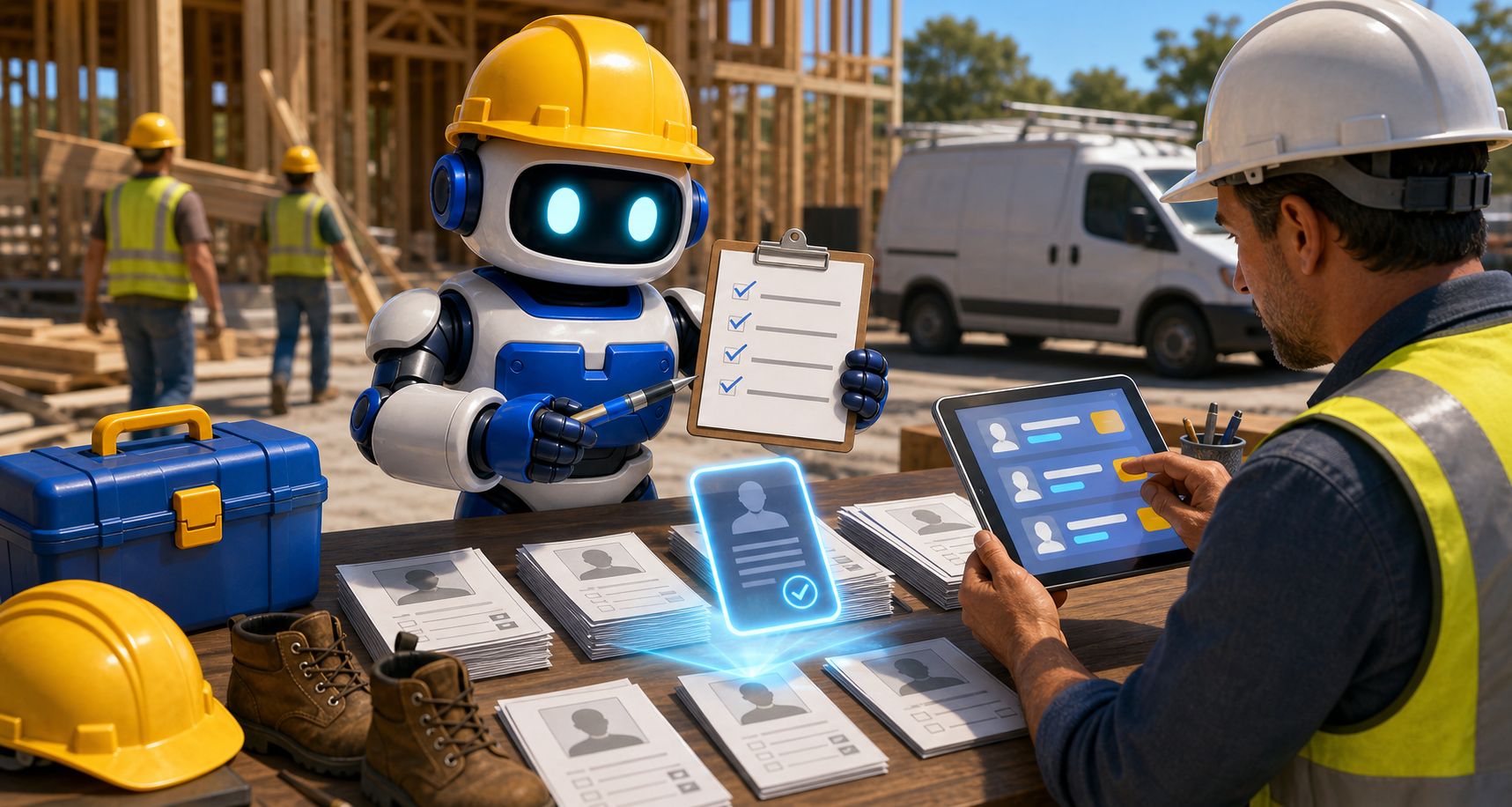 GangBoxAI robot mascot helping a contractor owner review applicant cards, work boots, hardhats, and a human reviewed hiring workflow at a job site