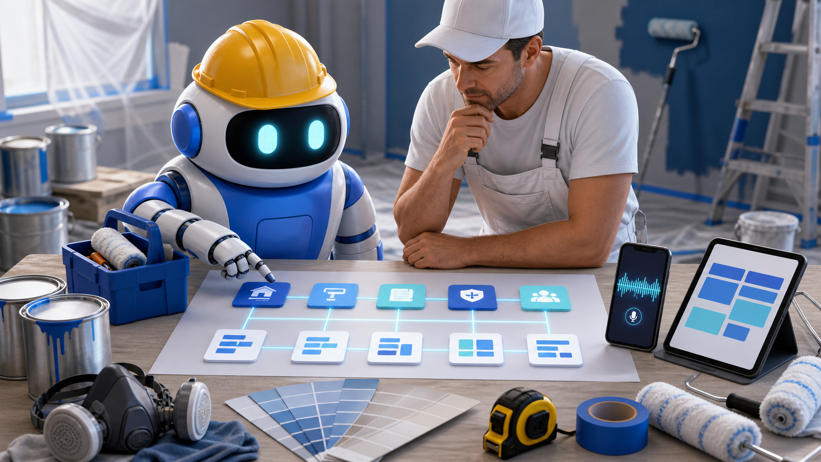 GangBoxAI robot mascot and a painting contractor reviewing an AI workflow with paint cans, rollers, color swatches, respirator, voice notes, and abstract approval cards