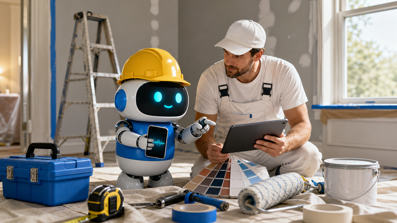 GangBoxAI robot mascot helping a painting contractor review voice notes, paint swatches, rollers, tape, drop cloths, and a tablet inside a residential painting job