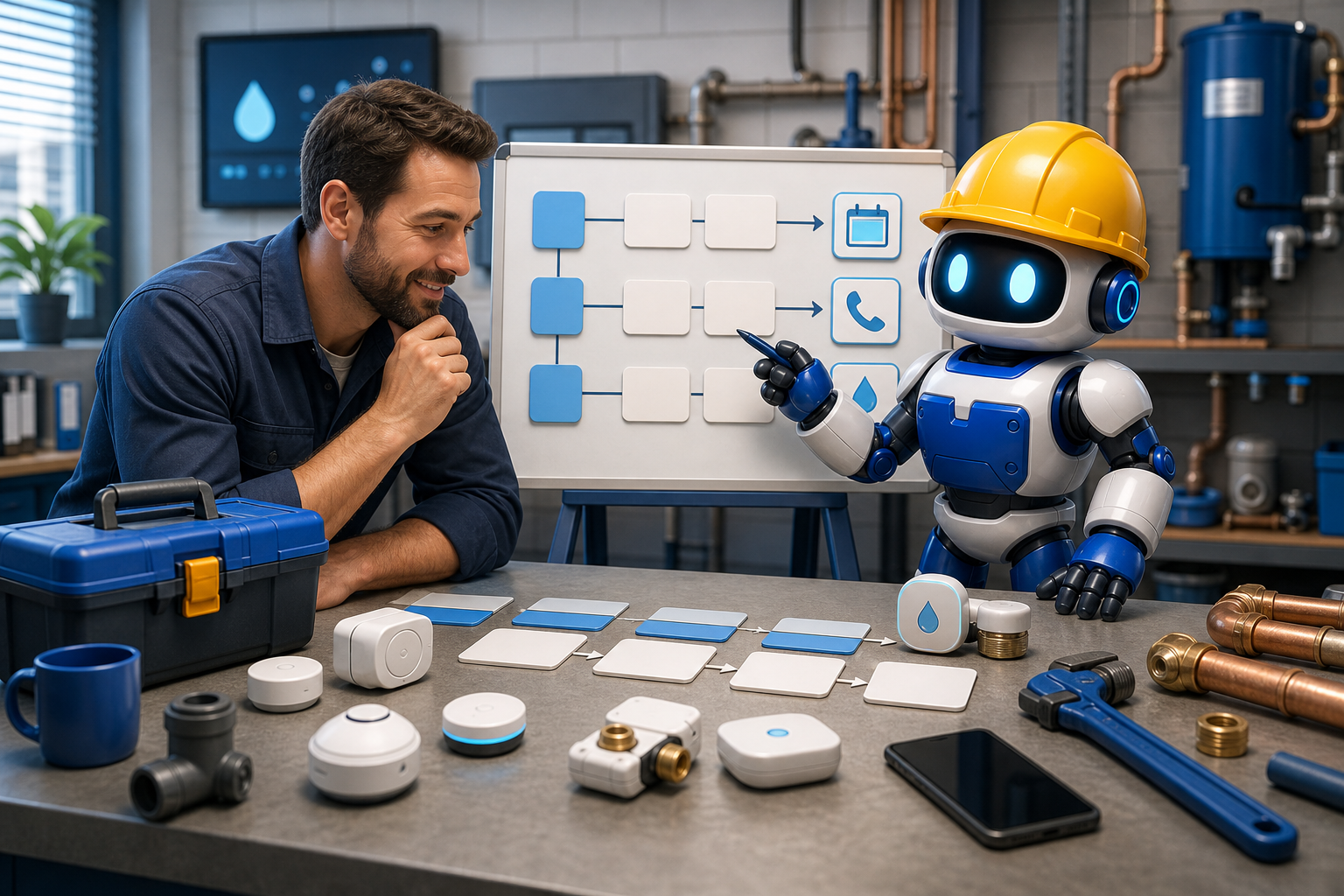 GangBoxAI robot mascot helping a plumbing business owner map a service contract workflow with leak sensors, blank service cards, pipe parts, and a diagnostic planning board