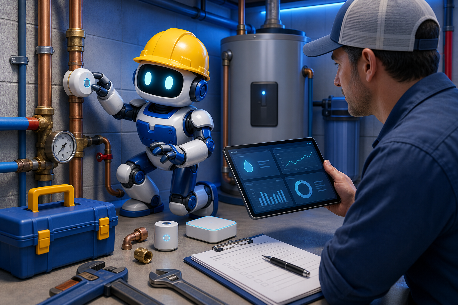 GangBoxAI robot mascot helping a plumbing contractor review smart leak sensors, pipe pressure, service notes, water heater equipment, and a tablet in a utility room