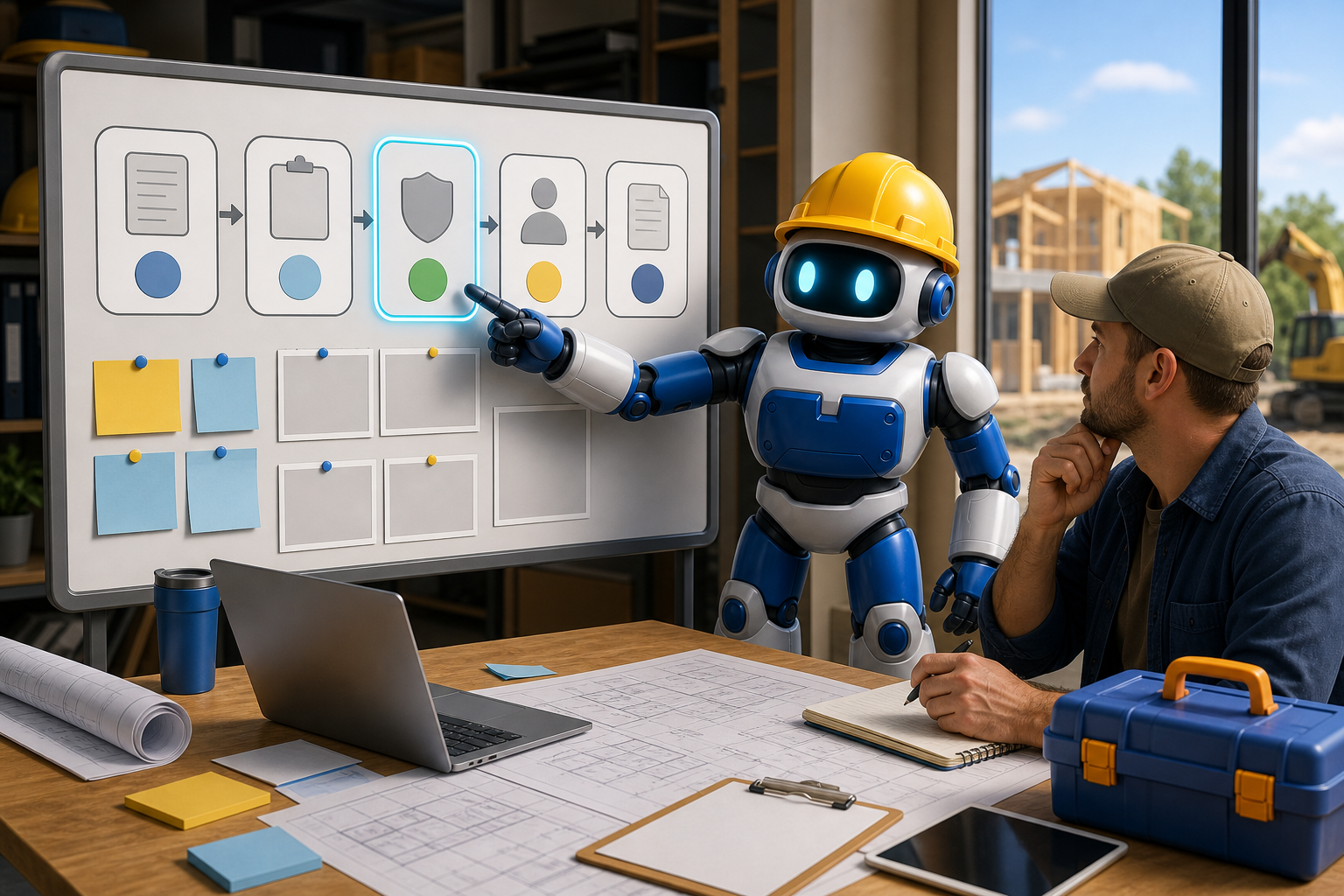 GangBoxAI robot mascot pointing at a contractor proposal workflow board with field notes, estimate review, scope approval, customer follow up, and final proposal shown as abstract shapes