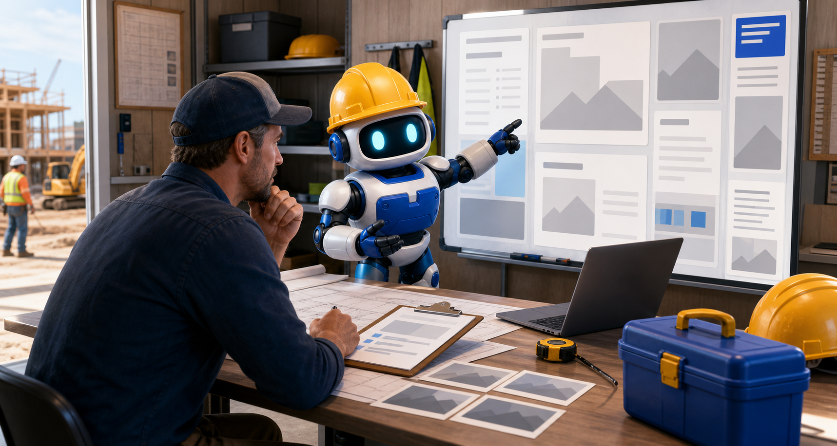 GangBoxAI robot mascot helping a contractor owner turn field notes, job photos, plan sheets, and scope items into a clean proposal review board