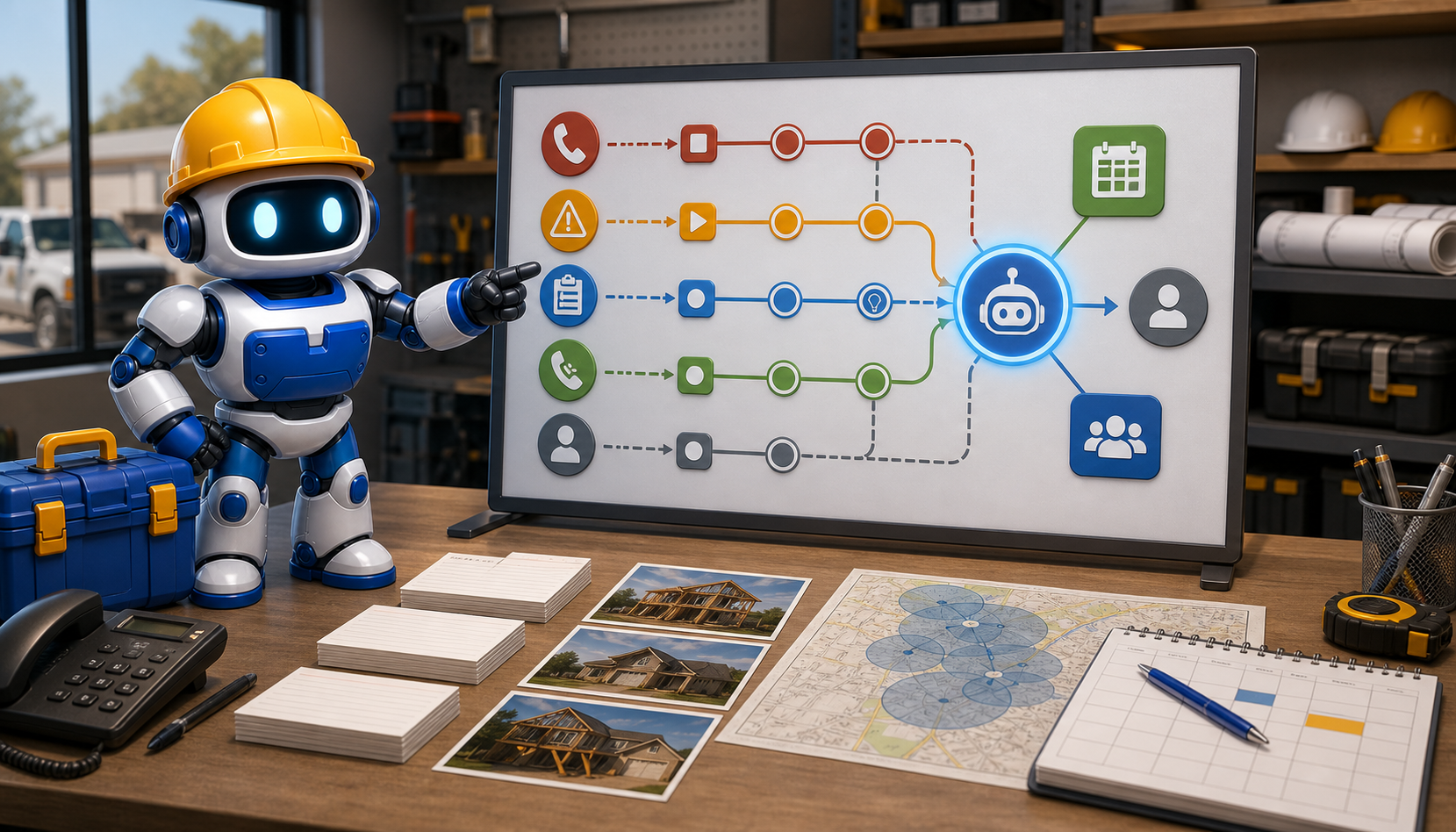 GangBoxAI robot mascot pointing at a contractor call intake workflow board with missed calls, urgent jobs, estimate requests, follow up, and human approval shown as abstract icons