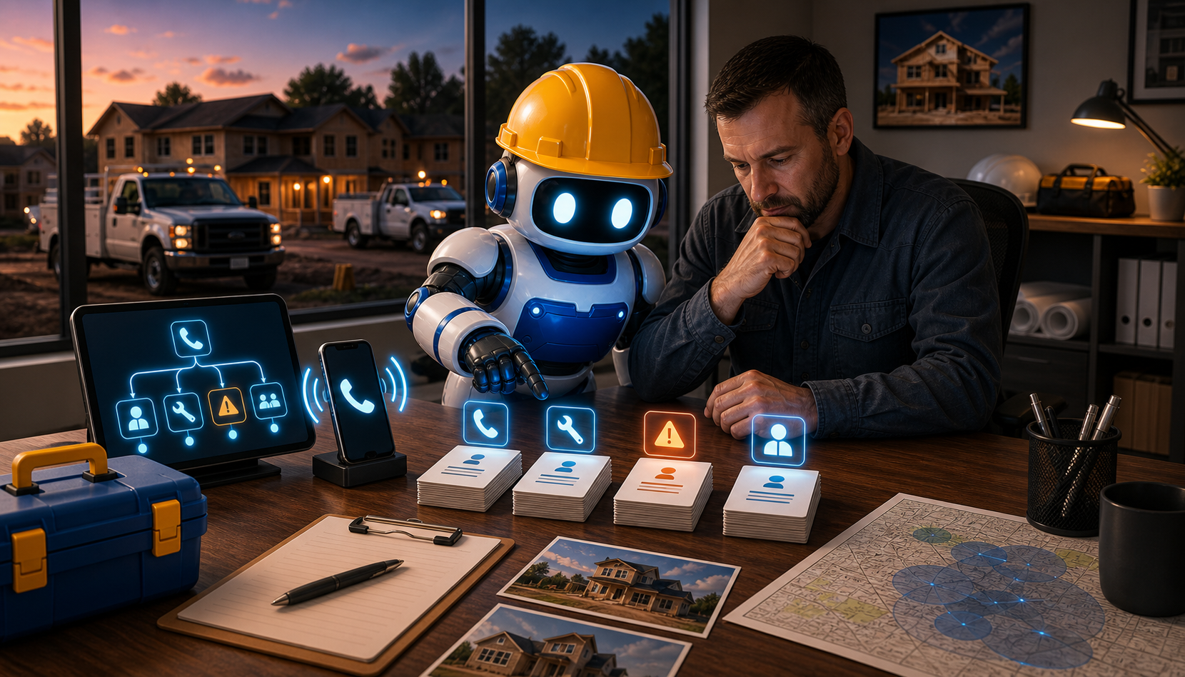 GangBoxAI robot mascot helping a contractor owner sort missed calls, urgent jobs, estimates, follow up notes, and human review cards in a contractor office