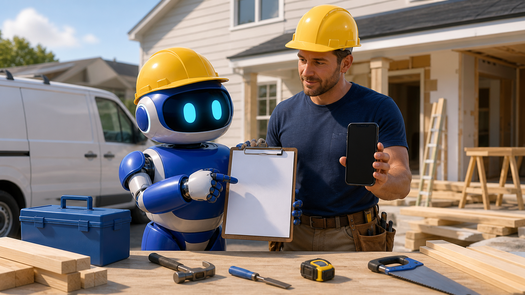 GangBoxAI robot mascot and a residential contractor reviewing a blank estimate clipboard and phone at a renovation site