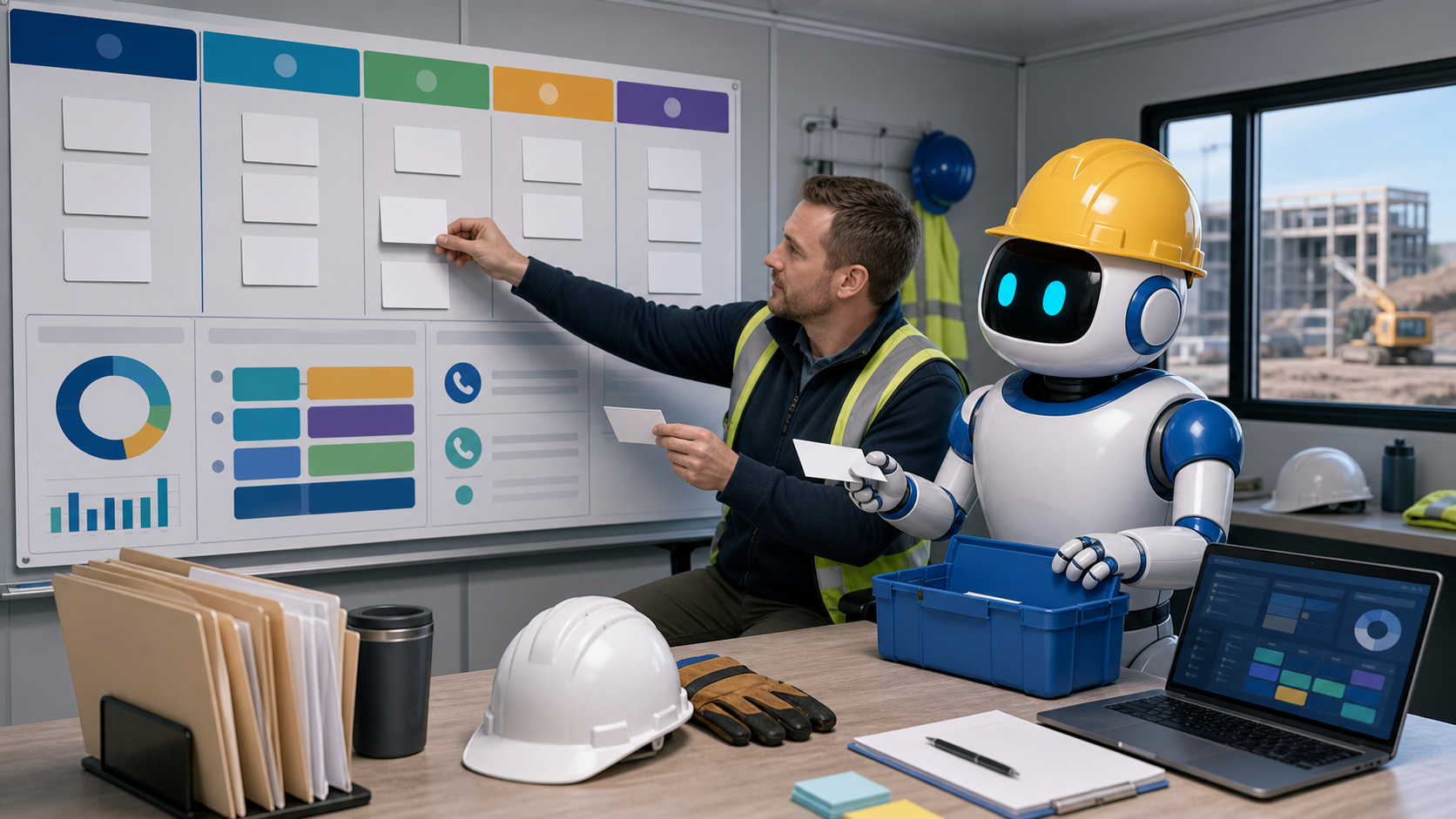 GangBoxAI robot mascot and a contractor operations manager sorting blank workflow cards on a diagnostic board in a jobsite office trailer