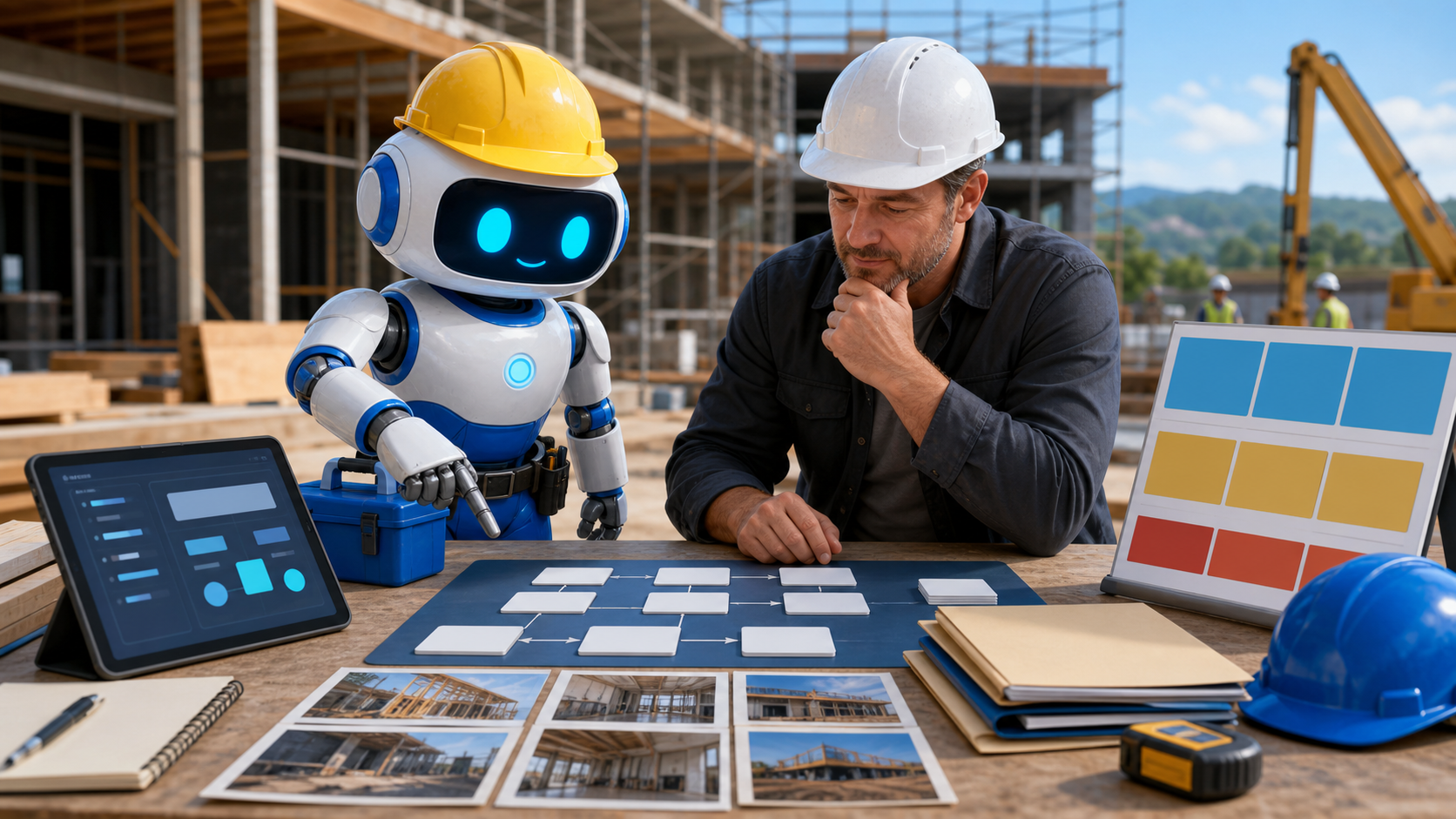 GangBoxAI robot mascot helping a contractor owner diagnose an AI workflow with blank workflow cards, job photos, estimate folders, a tablet, hardhats, and a jobsite planning board