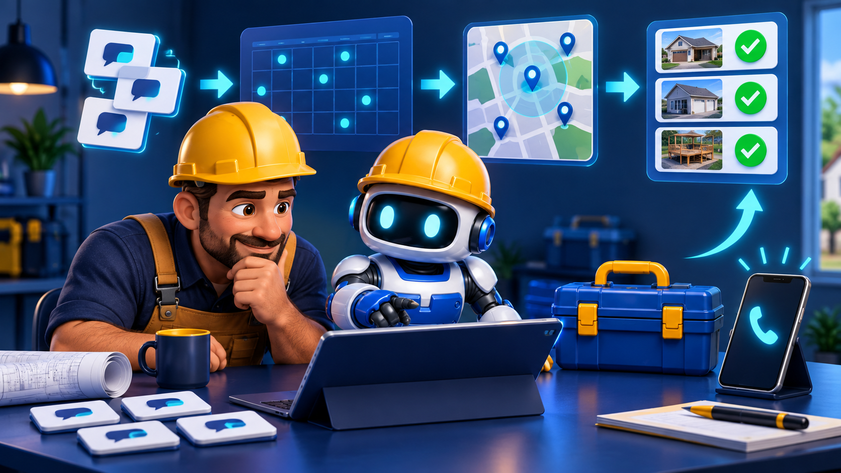 GangBoxAI robot mascot and a contractor reviewing blank prompt cards, a calendar, local map, job proof, and phone at a planning desk