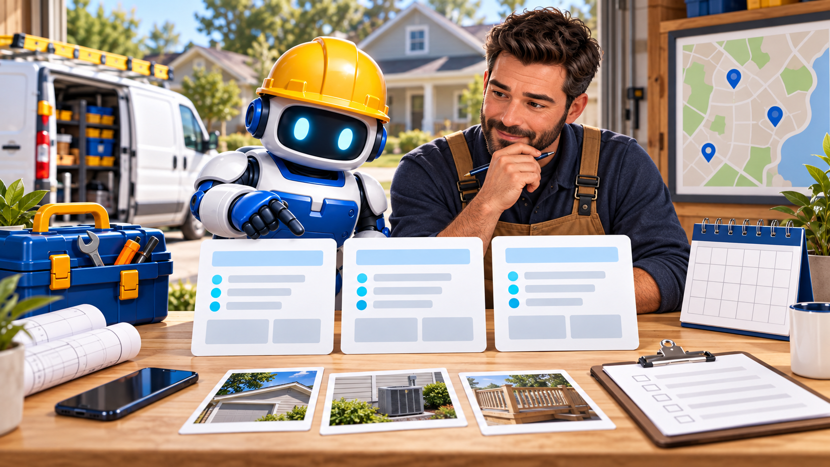 GangBoxAI robot mascot and a contractor comparing three blank AI answer cards, a calendar, service area map, job photos, and a phone