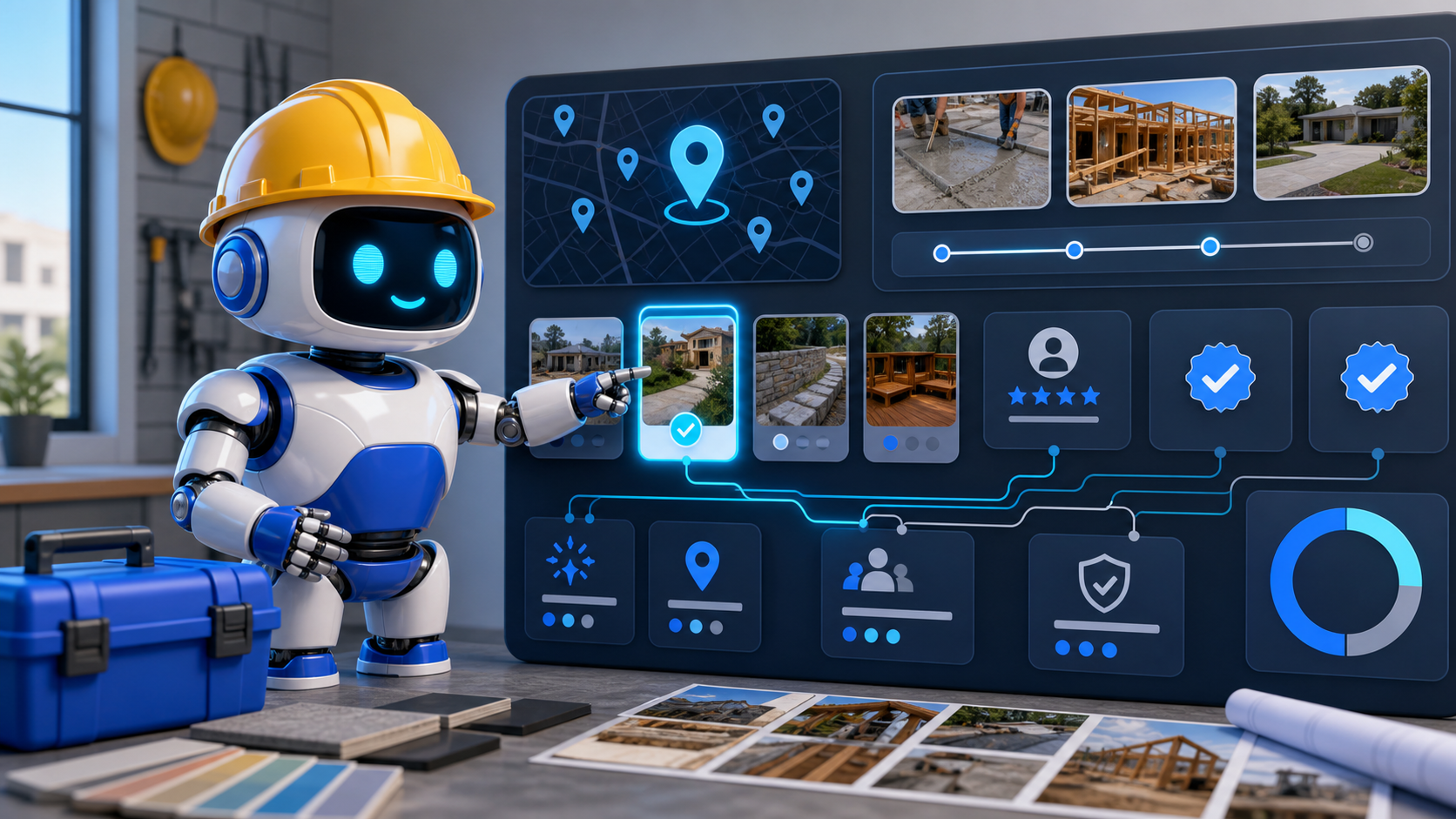 GangBoxAI robot mascot pointing at an AI visibility scan board with contractor job photos, map proof, review cards, and citation connections