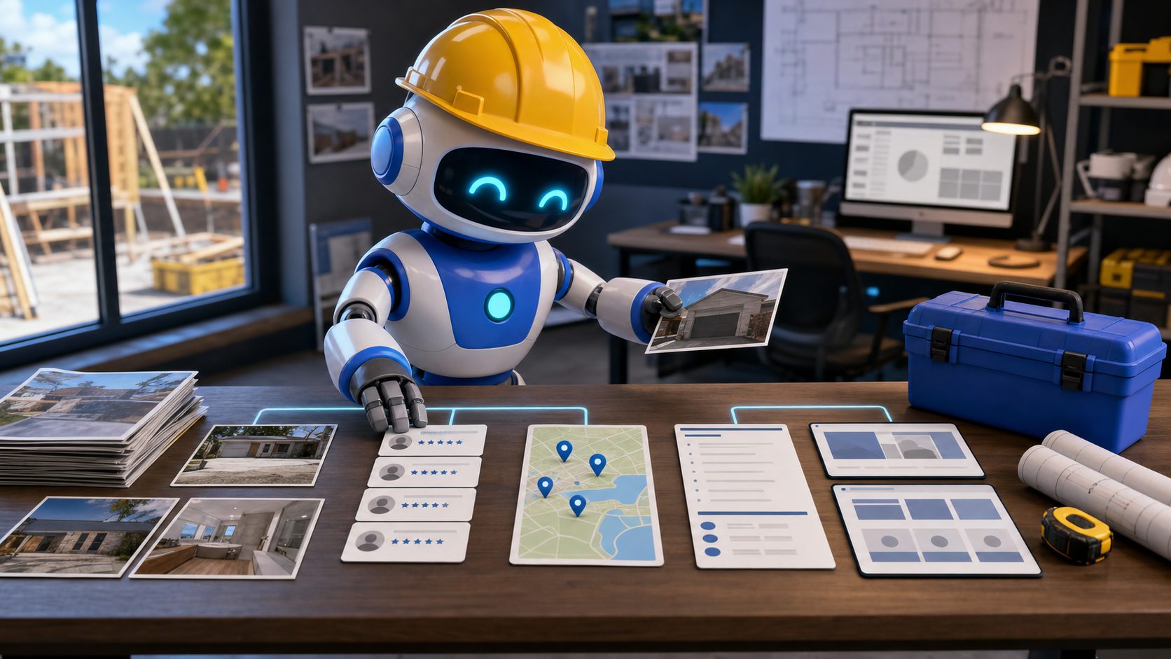 GangBoxAI robot mascot organizing contractor job photos, review cards, service area proof, call notes, and website content inputs on a workbench