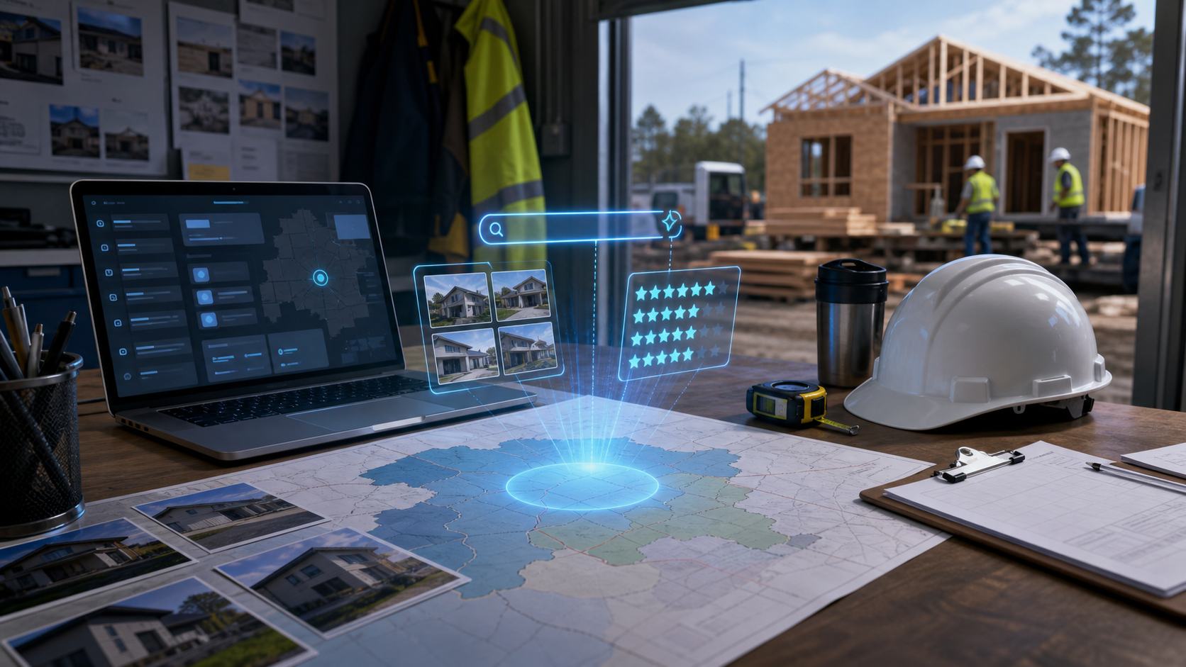 Contractor office planning table with service area map, job photos, review signals, and an AI assistant scan over a jobsite