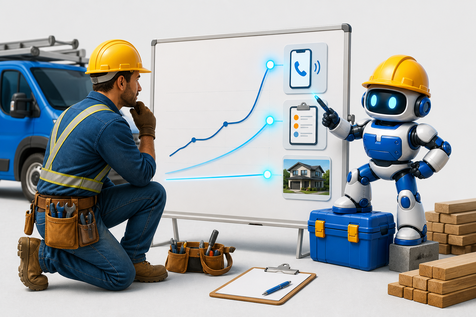 GangBoxAI robot mascot and a contractor reviewing a clean signal path from phone call to estimate and finished project