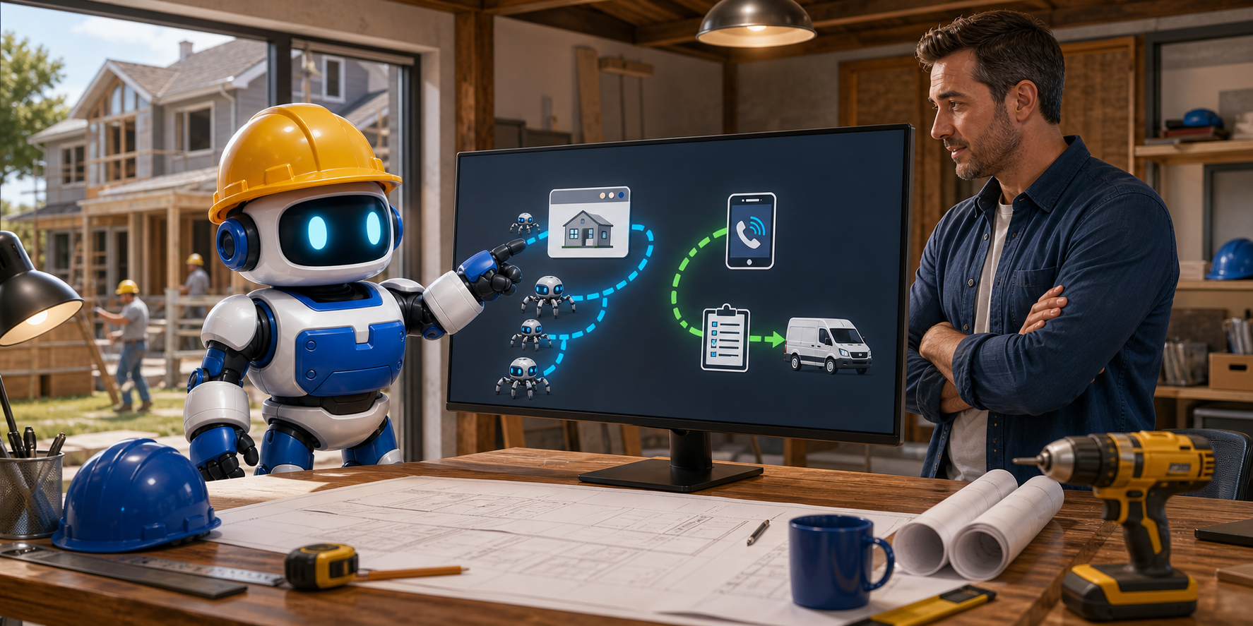 GangBoxAI robot mascot showing a contractor the difference between website crawler activity and a phone, estimate, and service van handoff