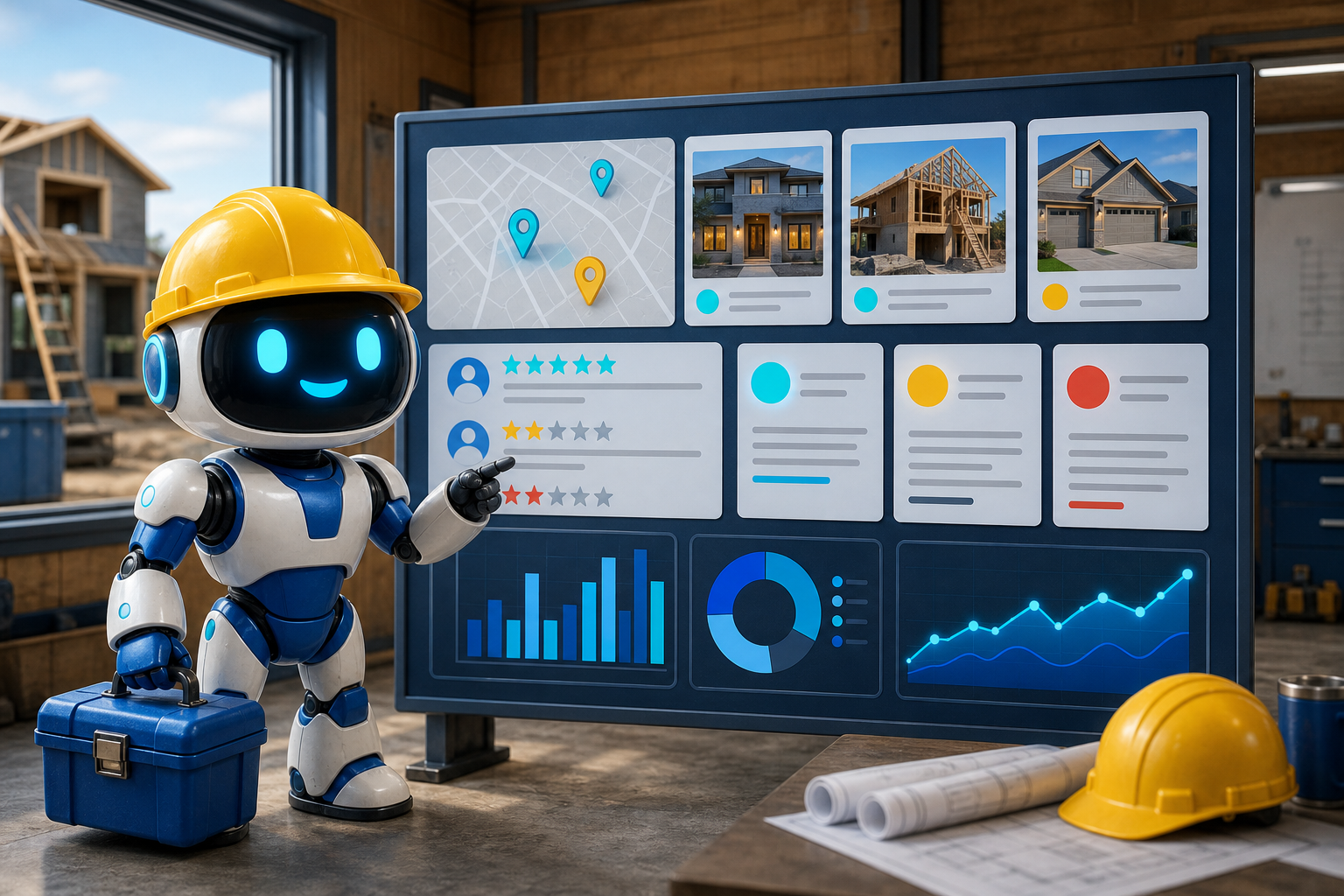 GangBoxAI robot mascot helping a contractor organize GEO Smith style lead quality proof with job photos, service area signals, review cards, and analytics blocks