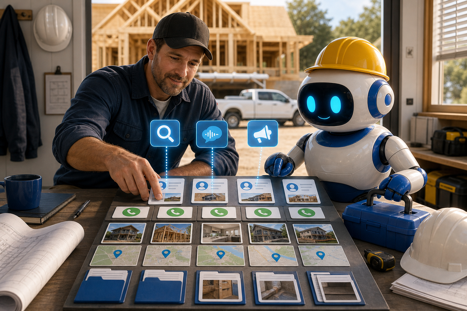 GangBoxAI robot mascot helping a contractor owner sort AI search and ad leads into estimates, calls, job photos, service area proof, and lead quality signals