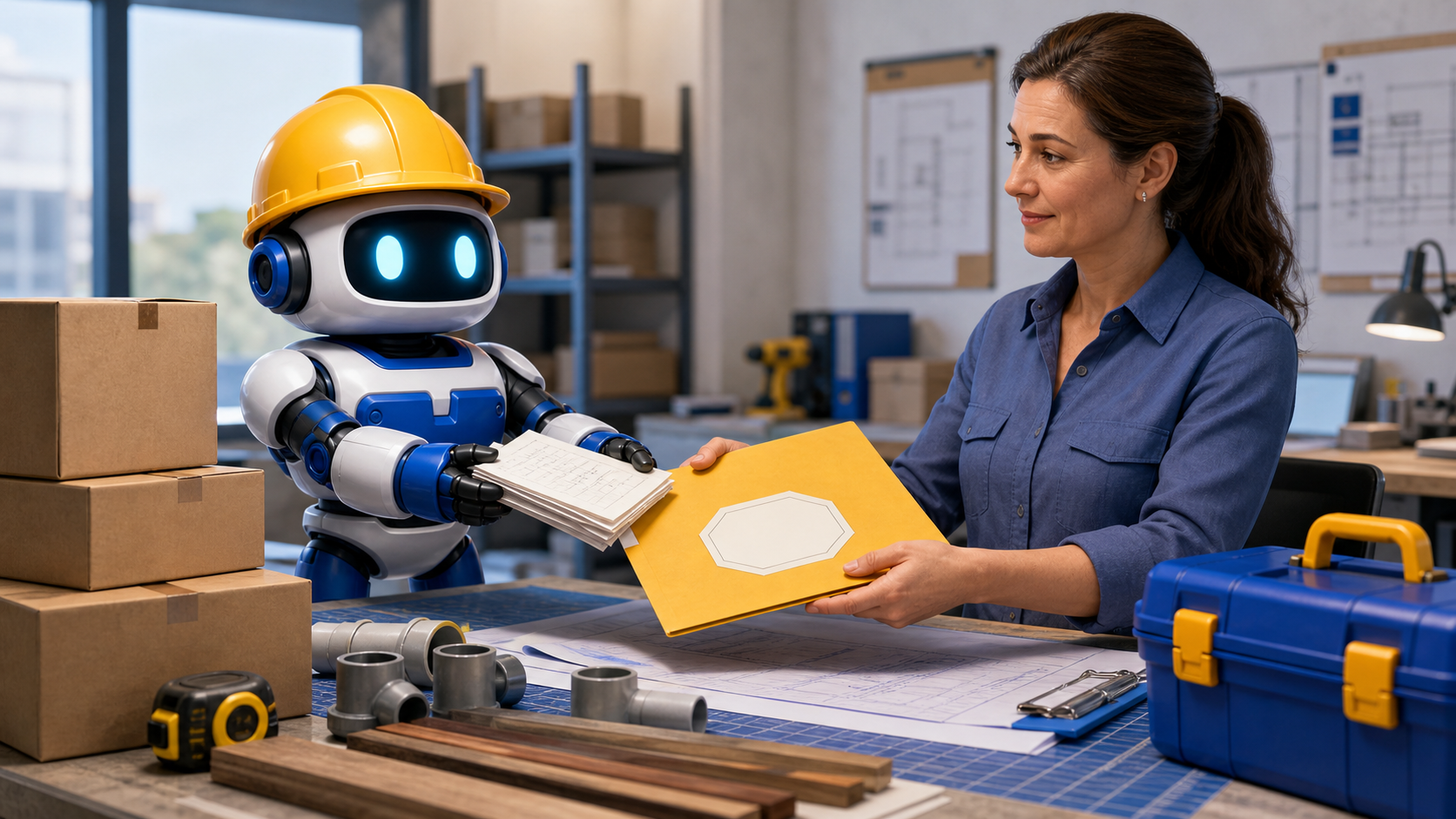 GangBoxAI robot mascot handing a blank approved material request folder to a contractor office manager beside material samples and a blue toolbox