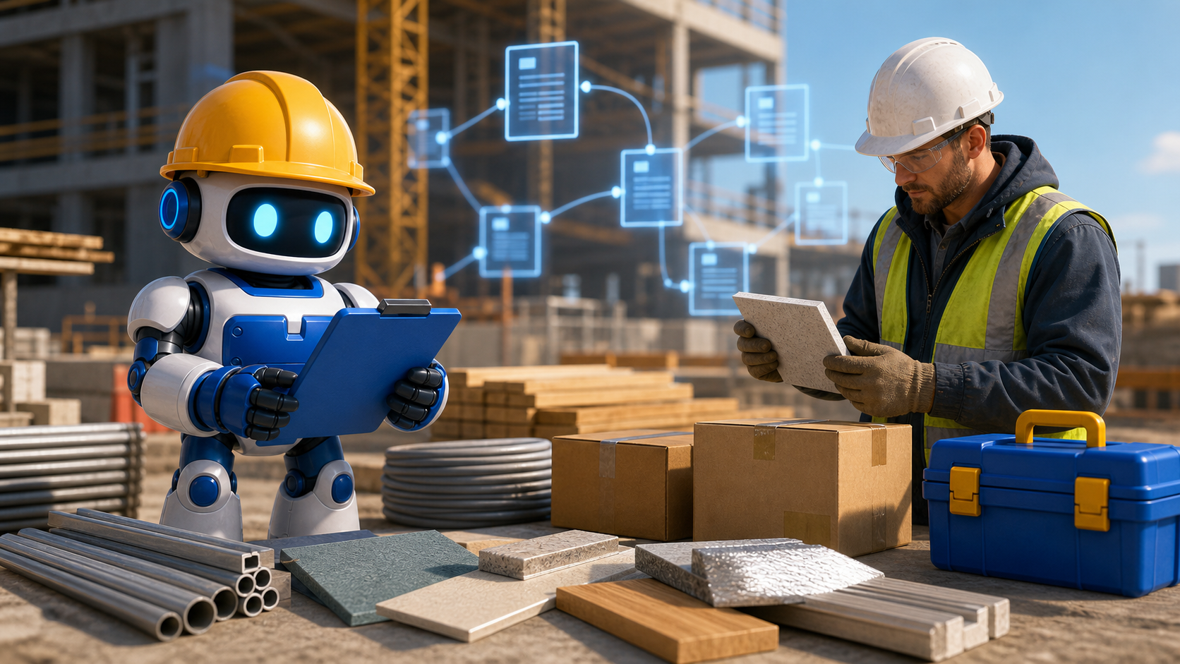 GangBoxAI robot mascot and a contractor reviewing blank material request cards, cartons, conduit, lumber, and tile at a construction jobsite