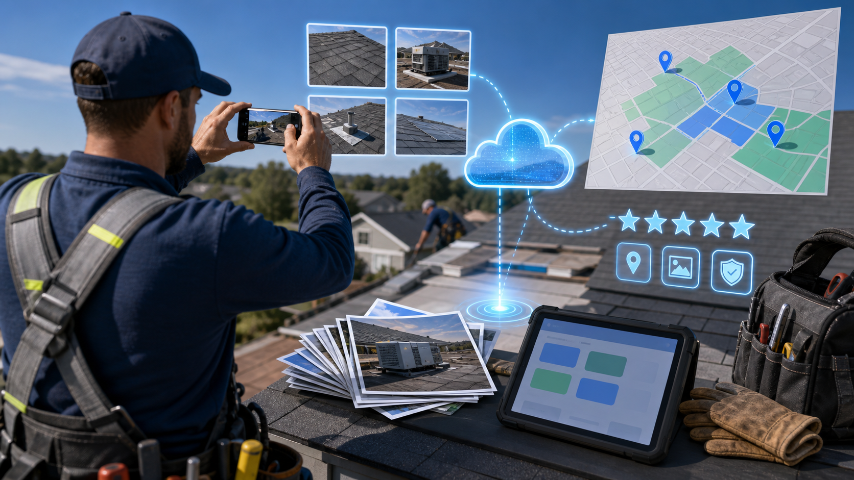 Contractor documenting completed roof work with job photos, service area signals, review proof, and AI visibility markers