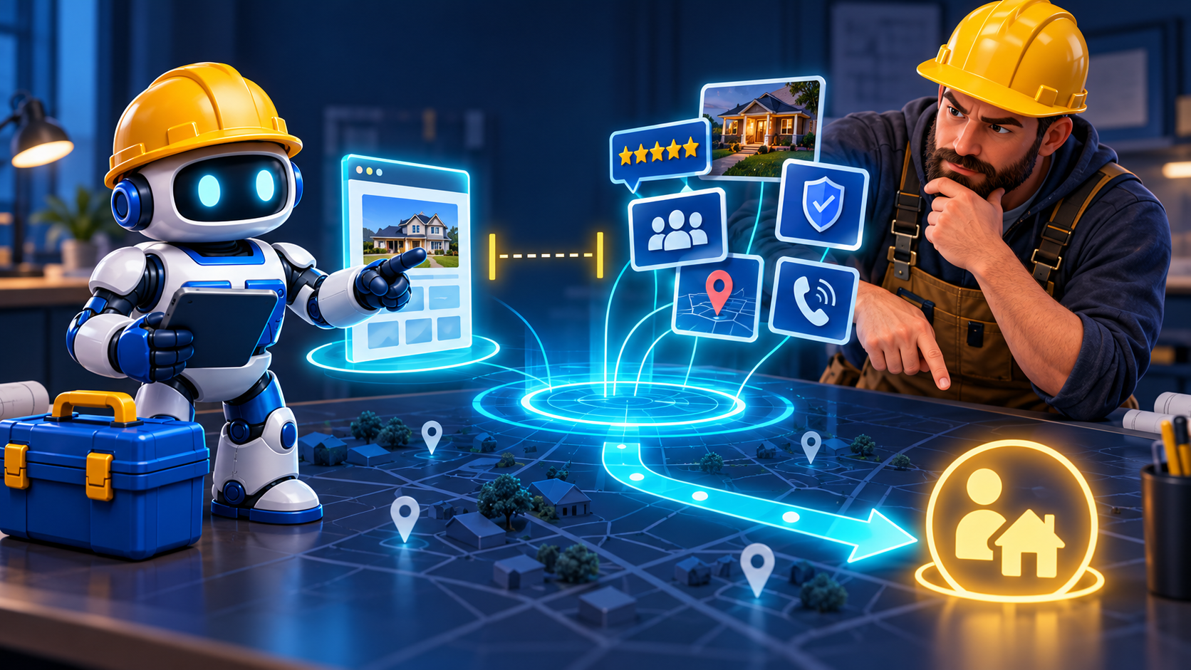 GangBoxAI robot mascot and a contractor tracing the gap between a service page, reviews, local proof, job records, and a homeowner request