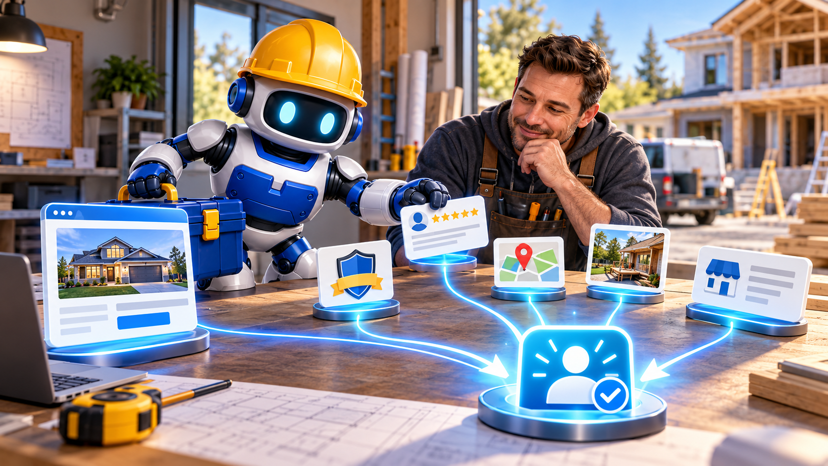 GangBoxAI robot mascot helping a contractor connect a service page with honest reviews, local proof, job photos, and business listings