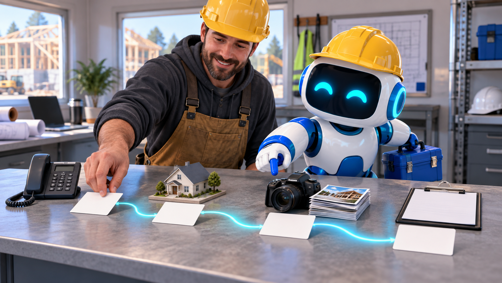 GangBoxAI robot mascot and a contractor sorting blank approval cards beside a phone, house model, camera, job photos, clipboard, and blue toolbox