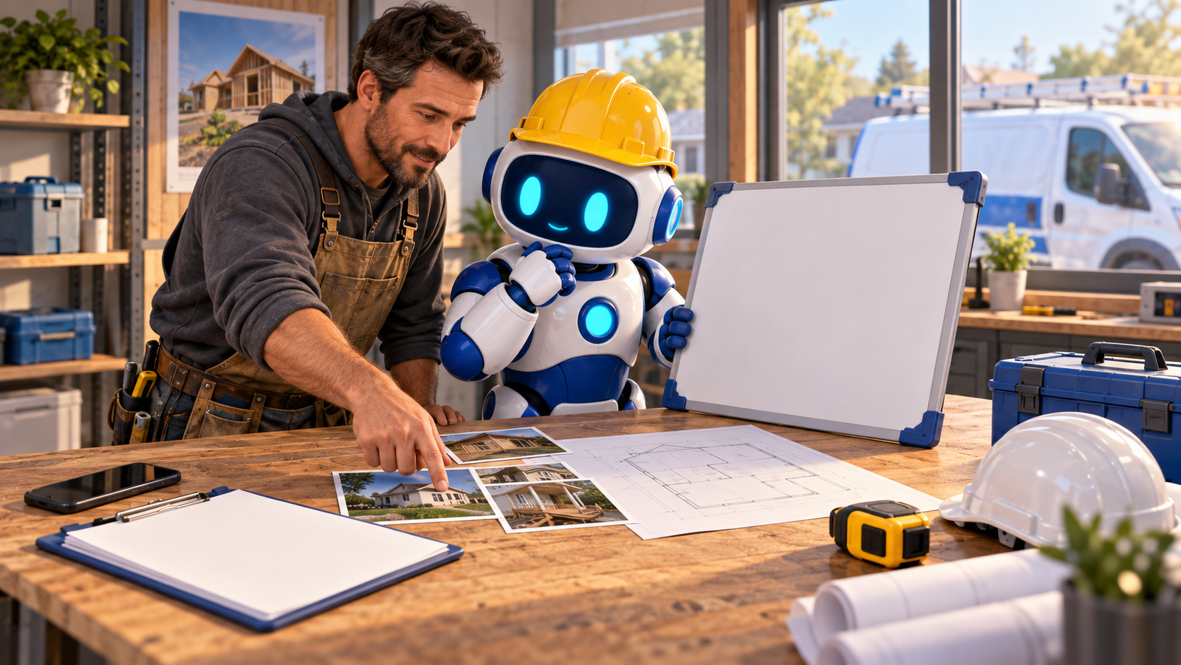 GangBoxAI robot mascot and a contractor reviewing blank approval board, job photos, a plan, and a phone at a contractor workbench