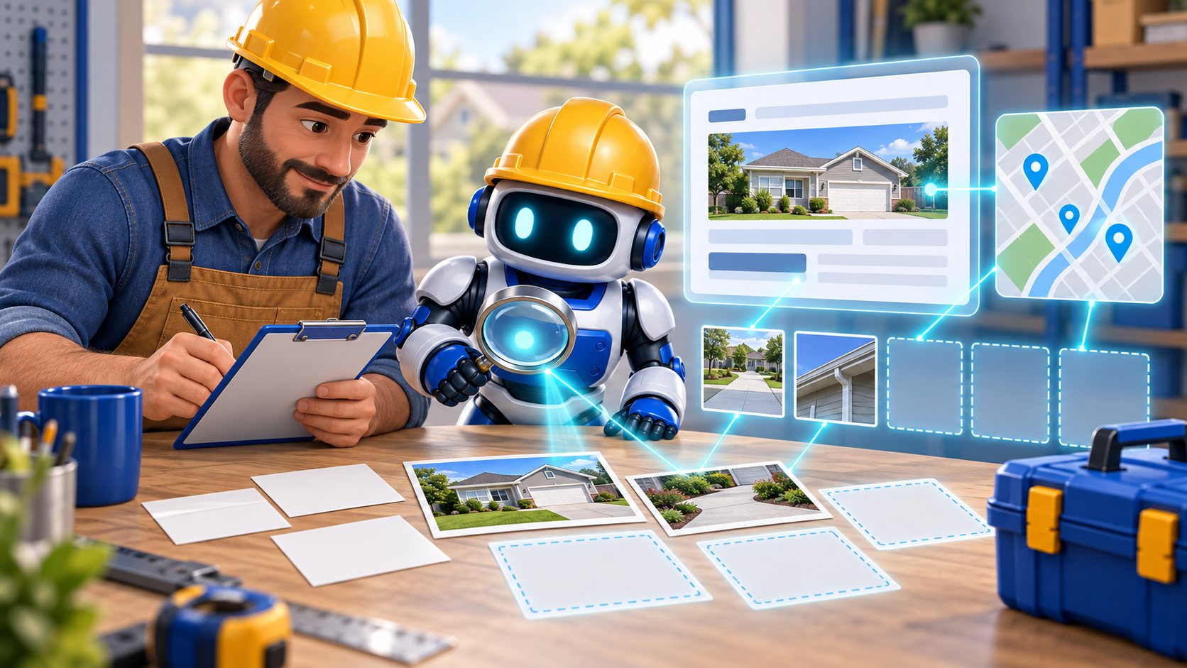 GangBoxAI robot mascot and a contractor reviewing a blank service page, local map, job photos, and missing proof spaces at a workshop table