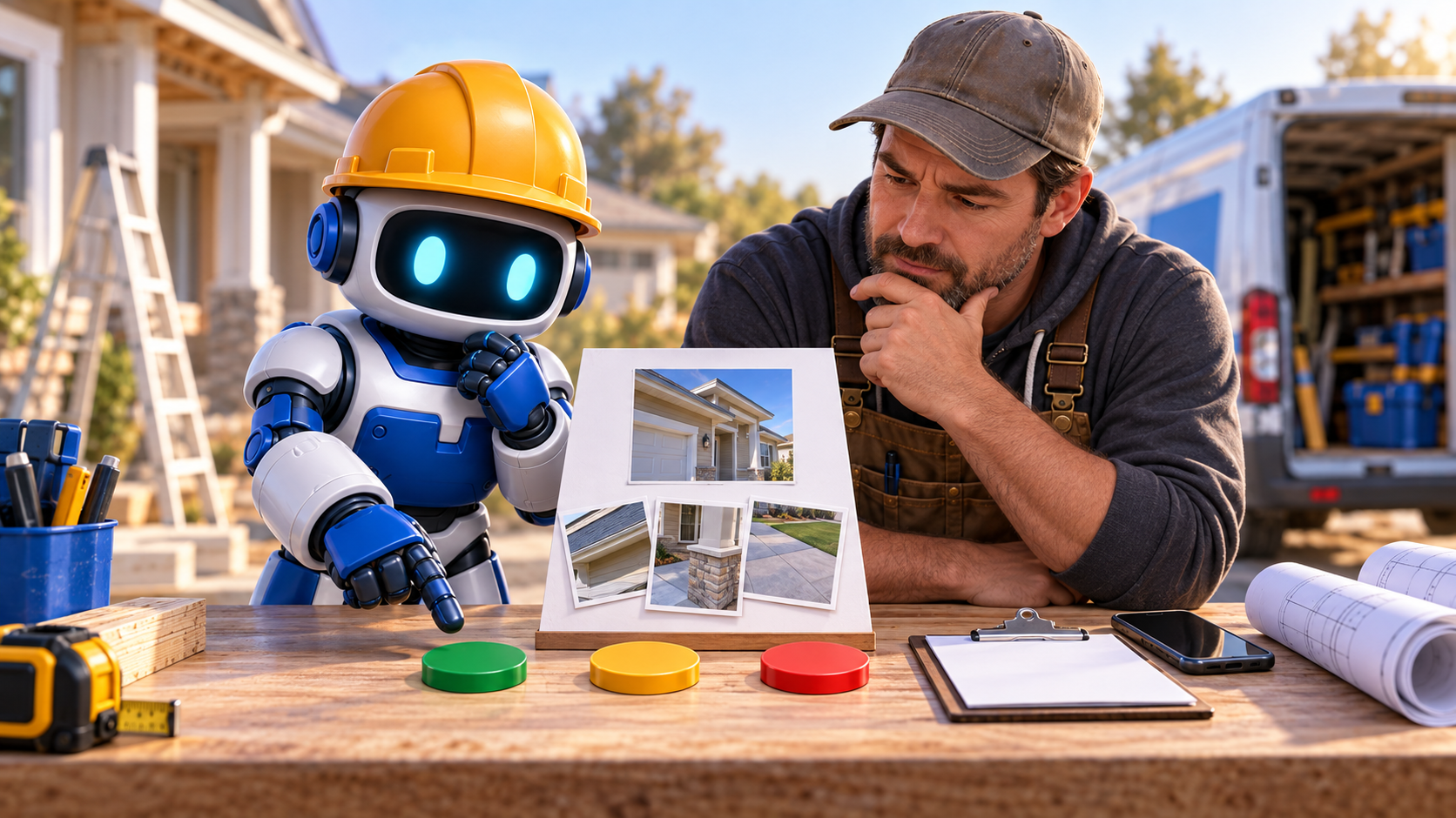 GangBoxAI robot mascot and a contractor reviewing one job proof board with green, yellow, and red decision markers at a residential jobsite