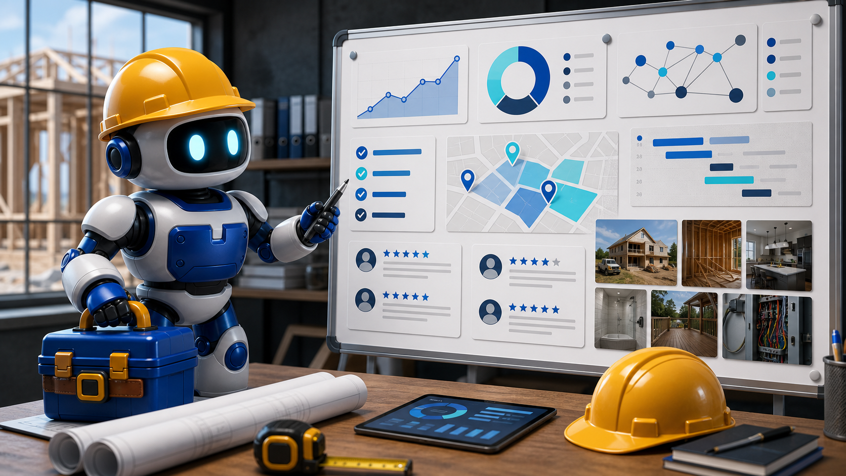 GangBoxAI robot mascot inspecting a contractor AI visibility audit board with service area proof, reviews, job photos, and charts