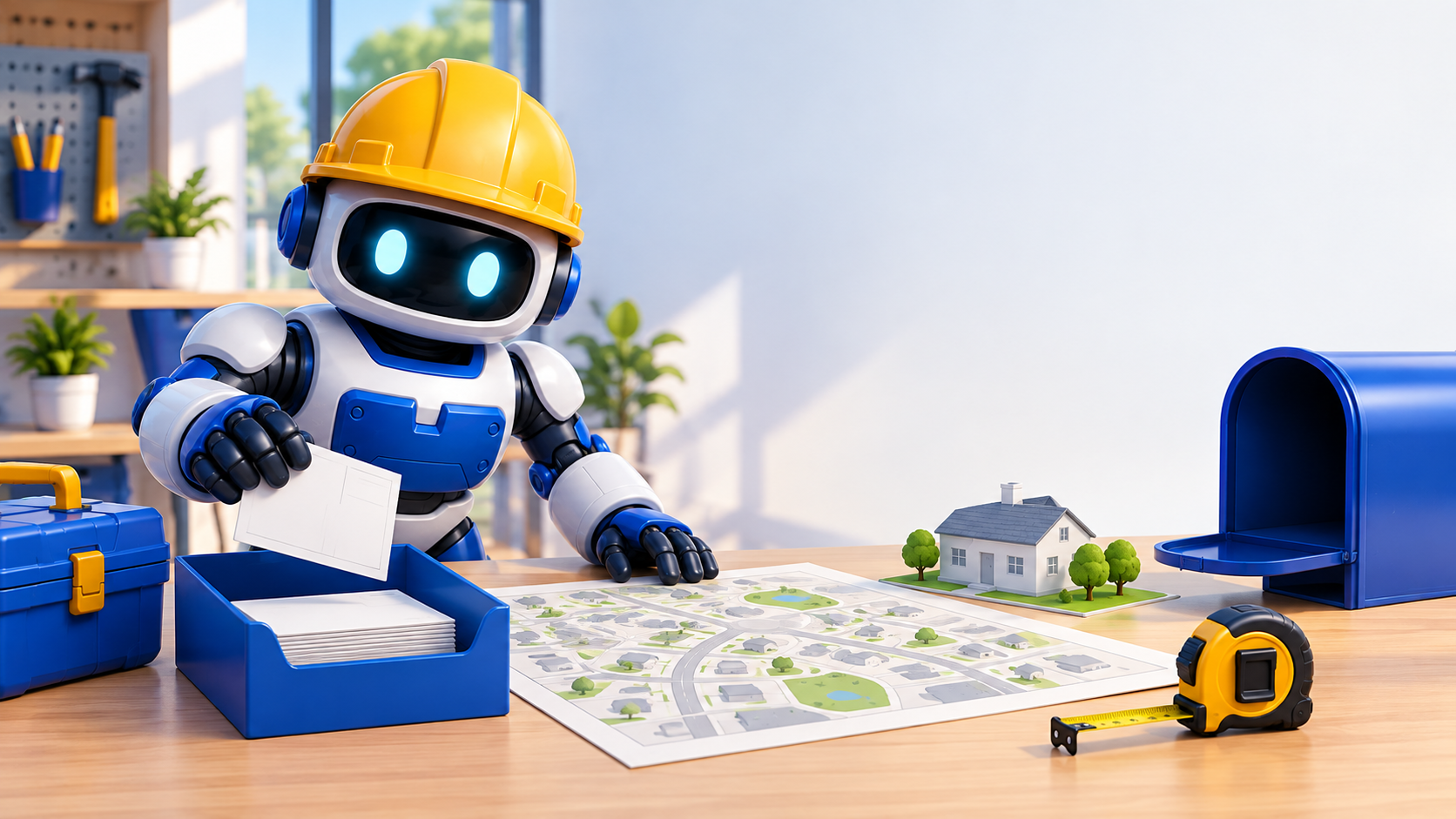 GangBoxAI robot mascot reviewing a blank postcard at a contractor workbench with a neighborhood map, house model, mailbox, and blue toolbox