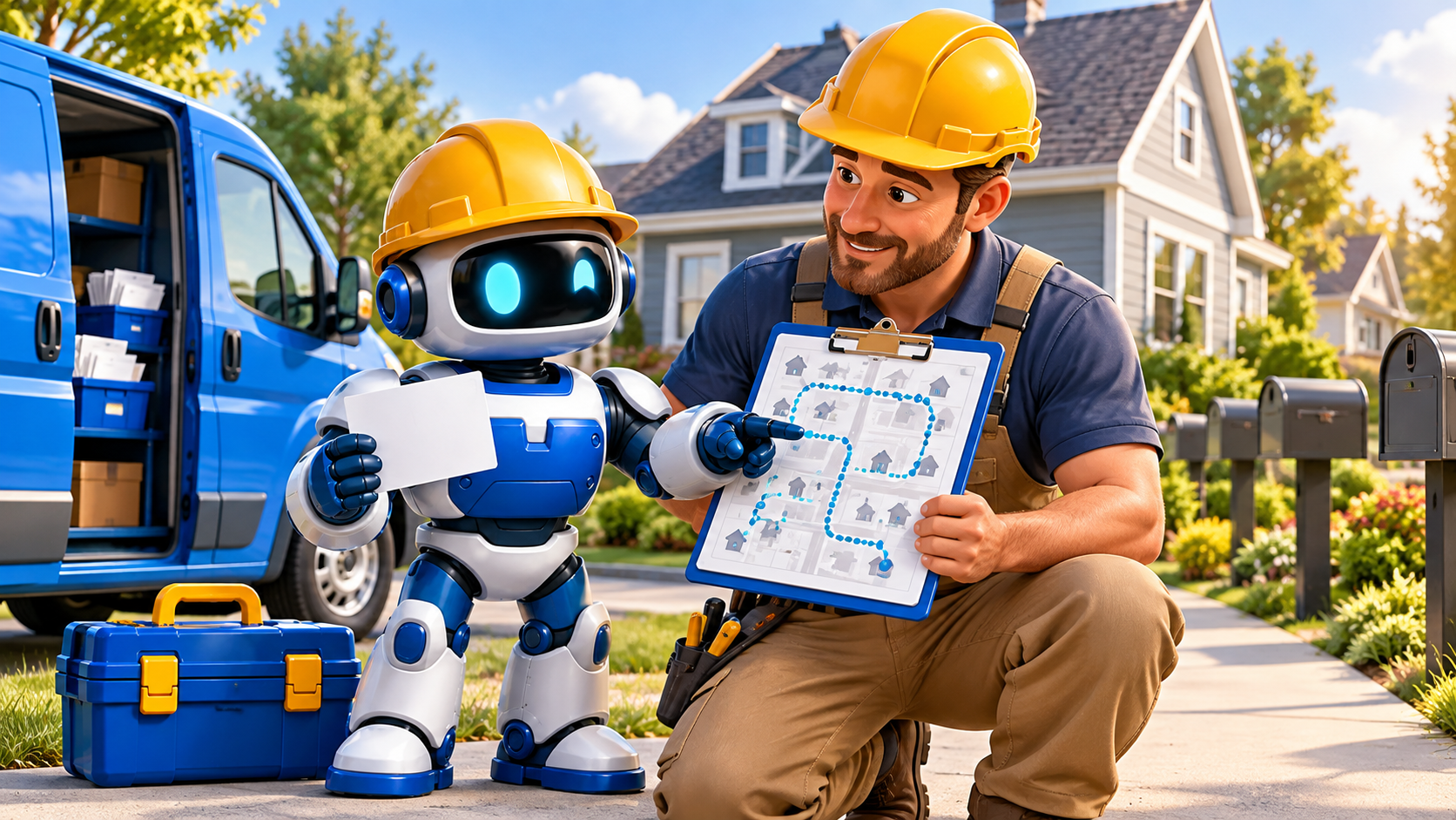 GangBoxAI robot mascot holding a blank postcard with a contractor beside a service van, neighborhood homes, mailboxes, and an unlabeled route board