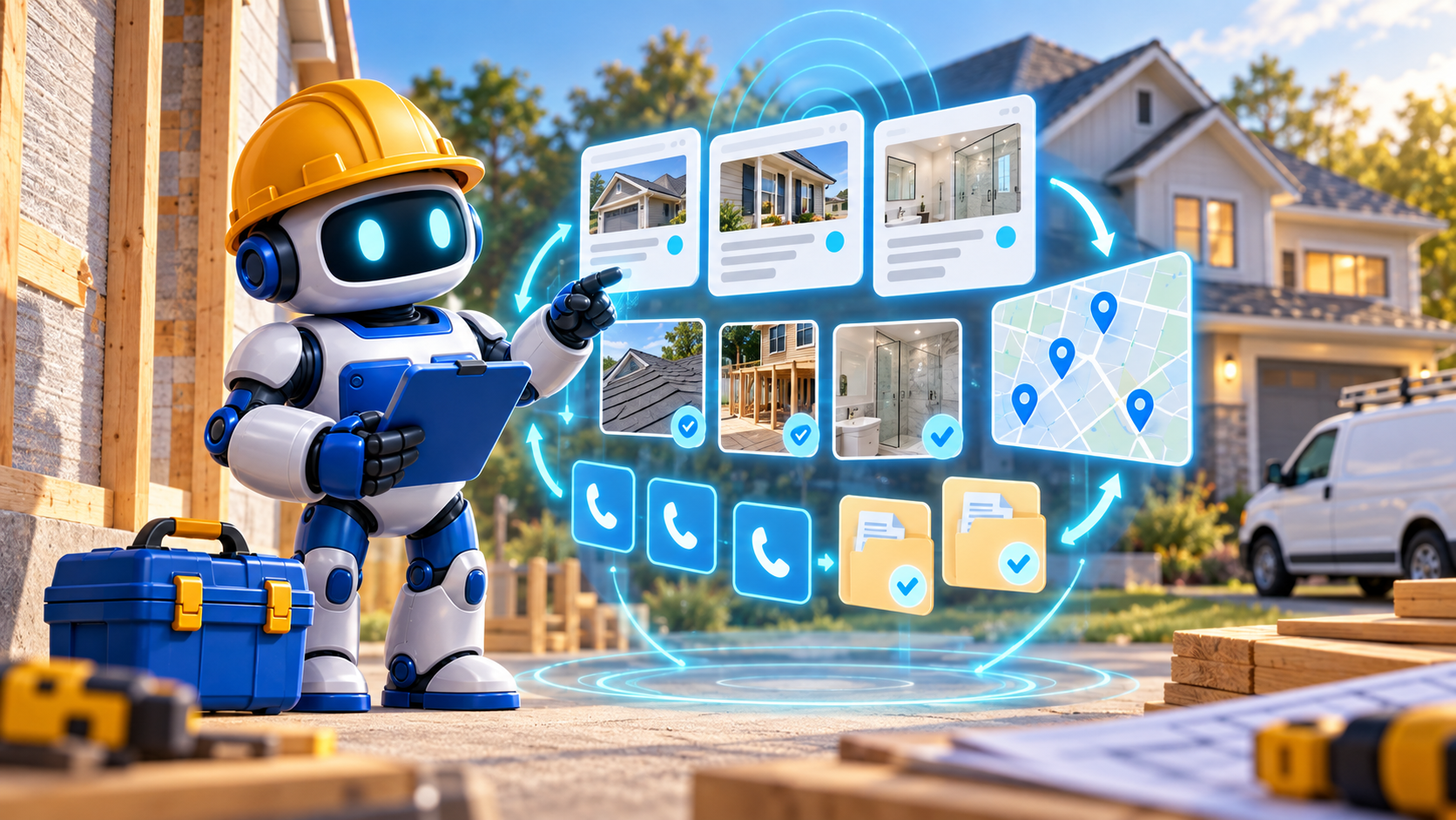 GangBoxAI robot mascot helping a contractor connect service pages, approved project photos, local coverage, calls, and estimate records in a measured visibility loop